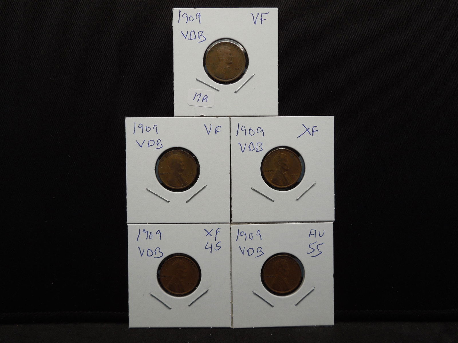(5) 1909 VDB Lincoln Cents:  VF, VF, XF, XF45, and (1 of 7)