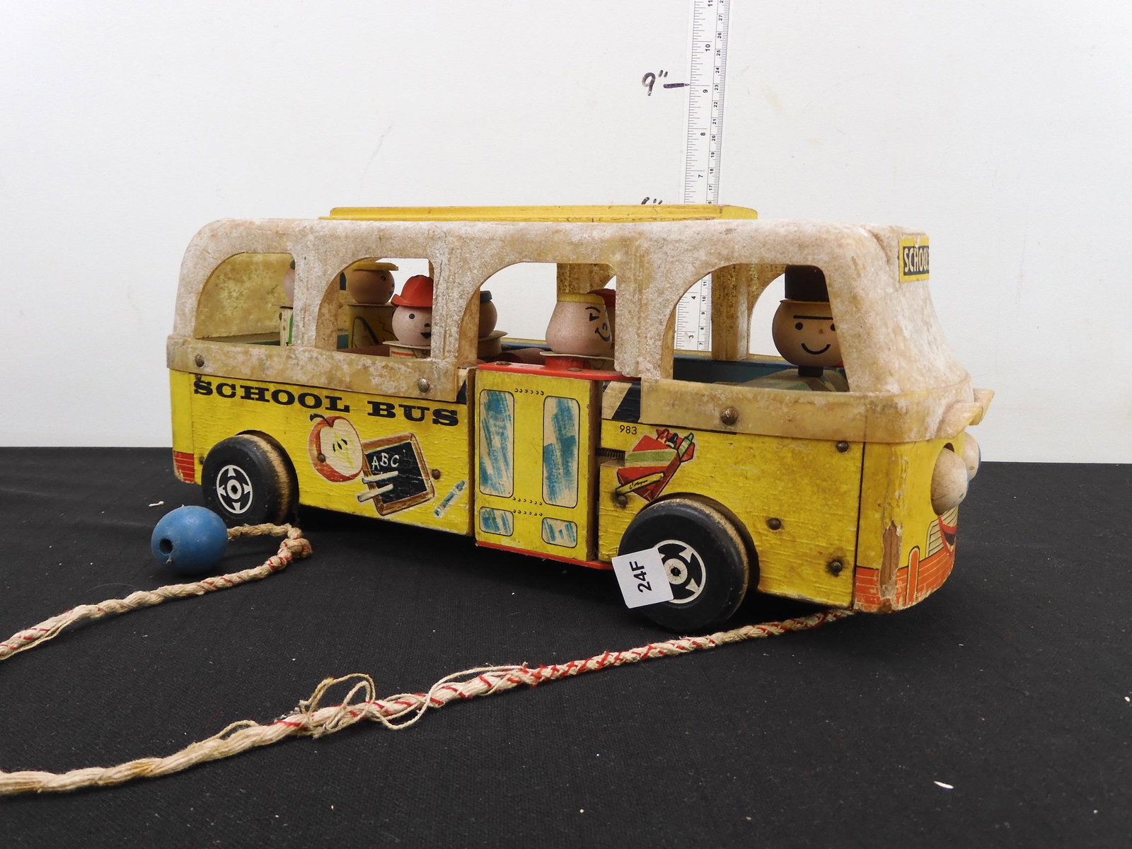 Vintage Fisher Price School Bus Pull Toy, With Driver: Vintage Fisher Price School Bus Pull Toy, With Driver & Students, some damage