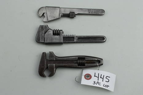 Collection of Pocket Wrenches: 3pc Lot of Pocket Wr. 1pc Pat. No. 389317 RD 777629 Made in England-5 1/2", 1pc double jaw center screw adj. with slot in frame unmarked-5", 1pc T.9637 auto style screw adj. wr-5 3/4".