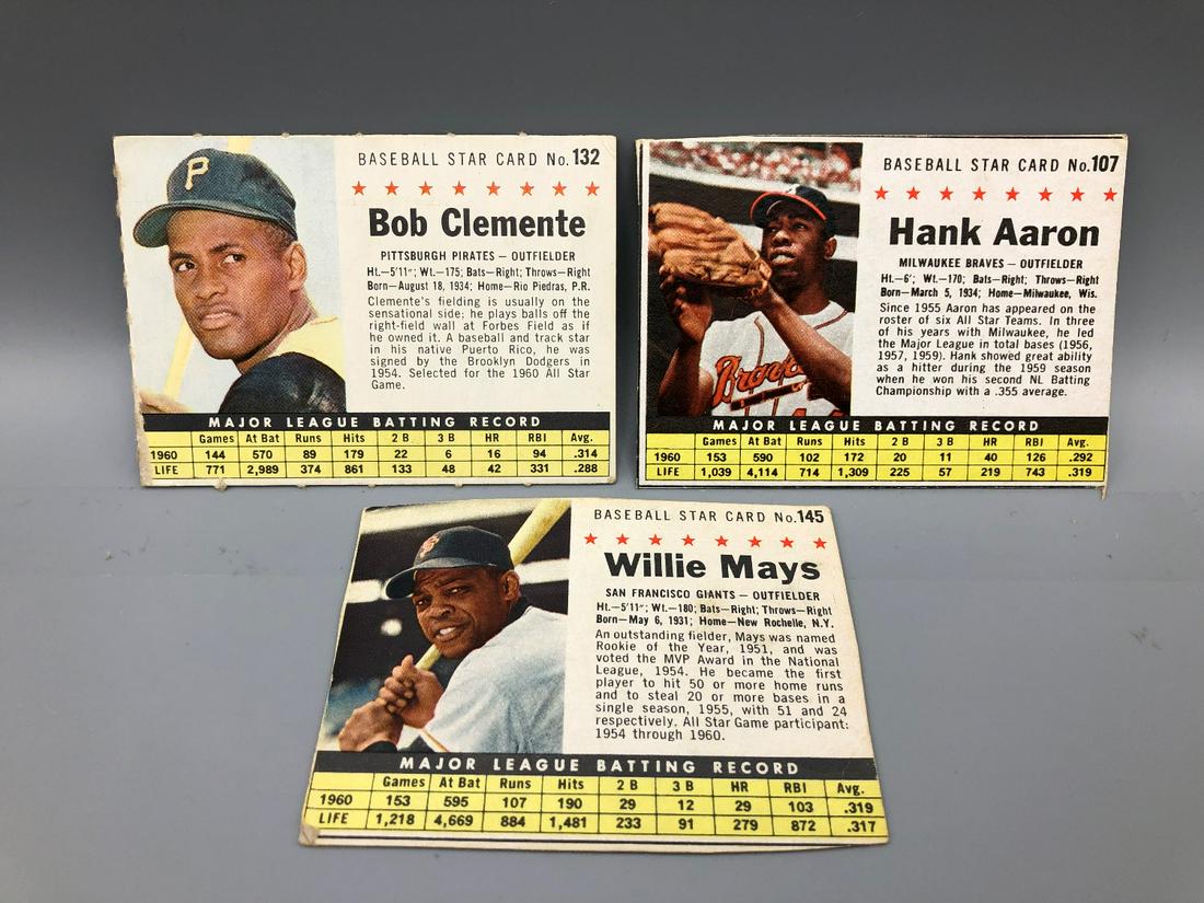 (3) 1961 Post Baseball Cards Mays, Aaron, Clemente, (1 of 5)