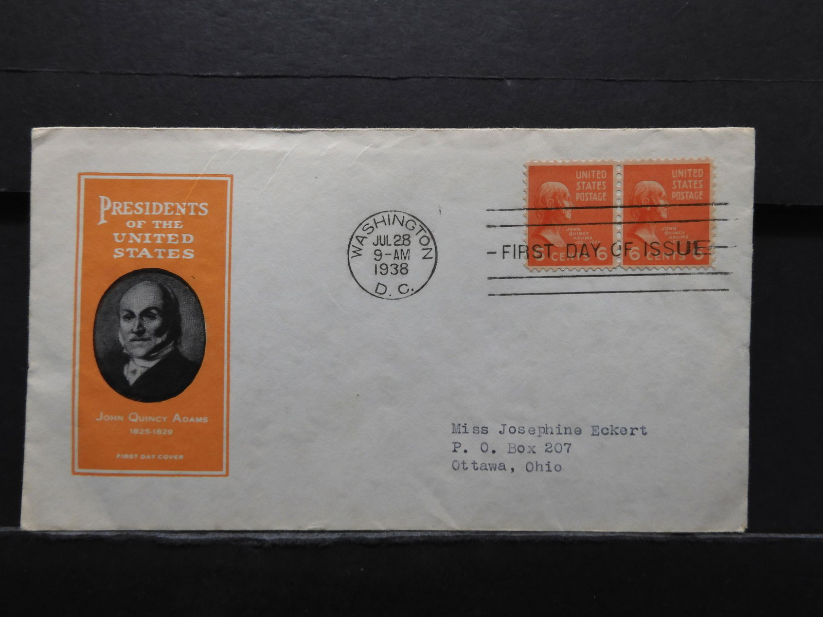 Rare July 28, 1938 John Quincy Adams 1st Day Cover, 1st (1 of 2)