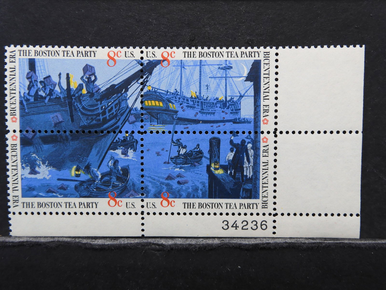 Bicentennial Era The Boston Tea Party Vintage Unused: Bicentennial Era The Boston Tea Party Vintage Unused Plate Block United States Stamps