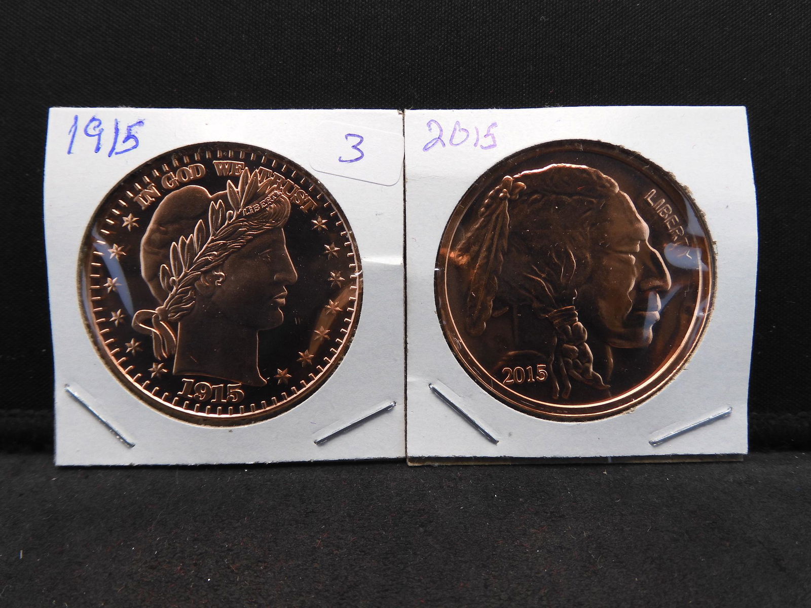 (2) one ounce copper rounds:  1915 Barber Half and 2015 (1 of 5)