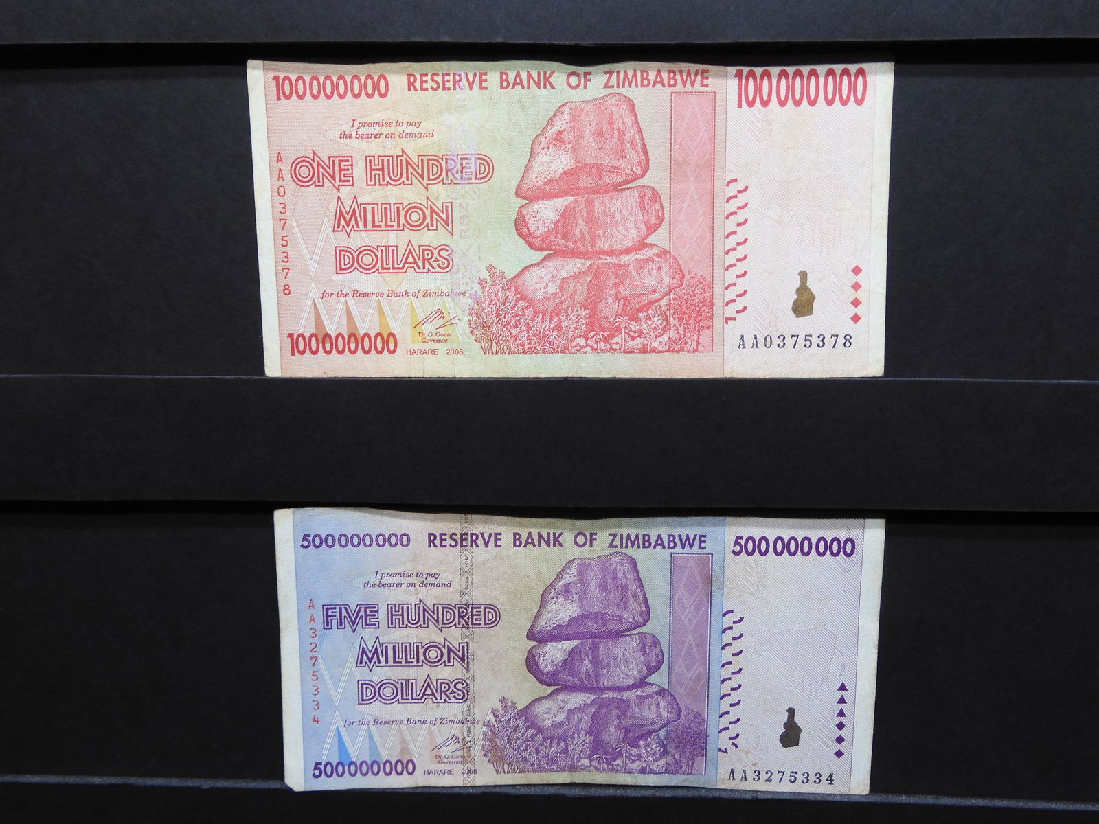 (2) Zimbabwe Notes:  100 Million Dollars and 500 (1 of 5)