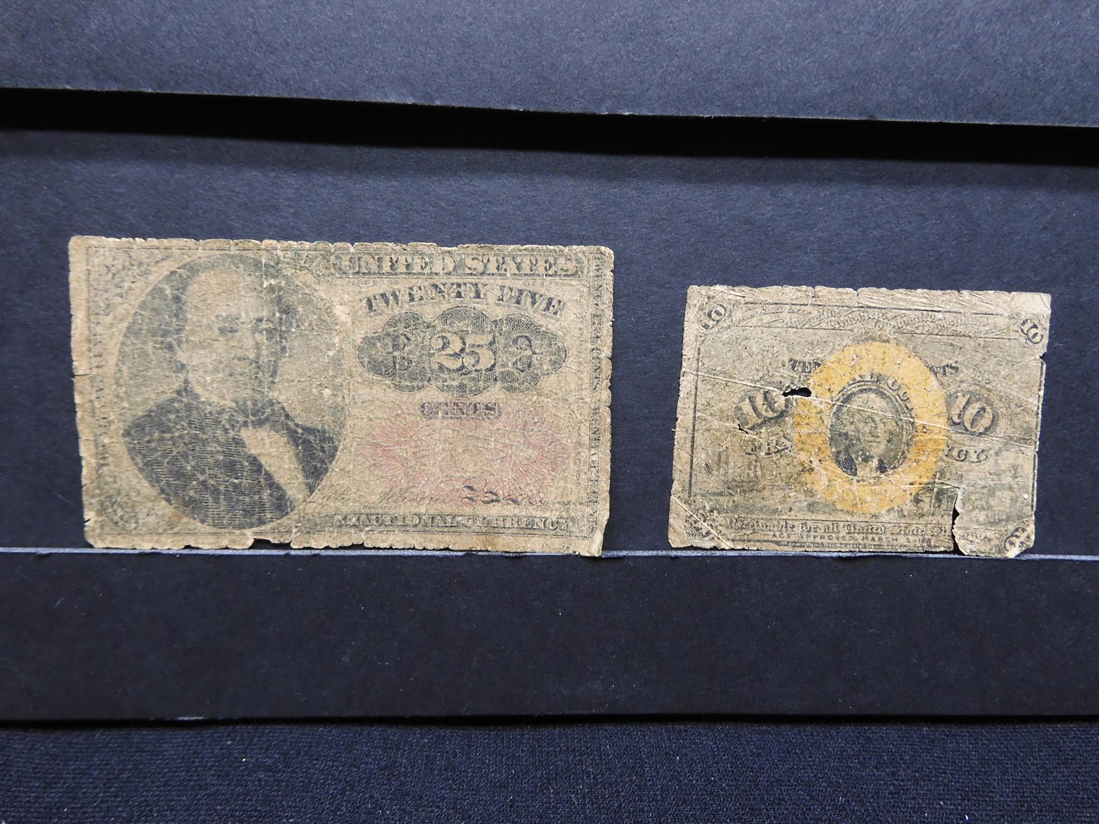 (2) 1860s and 1870s United States Fractional Notes.: (2) 1860s and 1870s United States Fractional Notes. 10 Cents and 25 Cents.