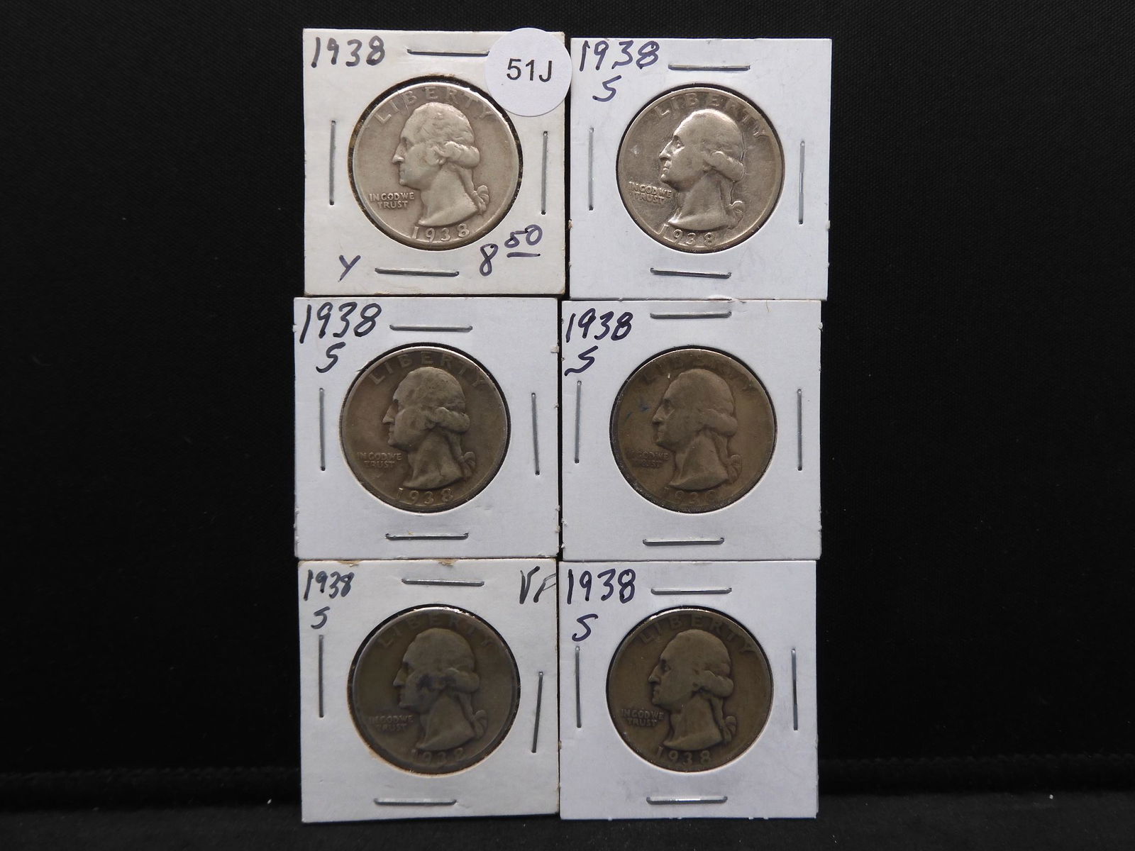 Six 1938 P & S 90% Silver Washington Quarters (1 of 5)