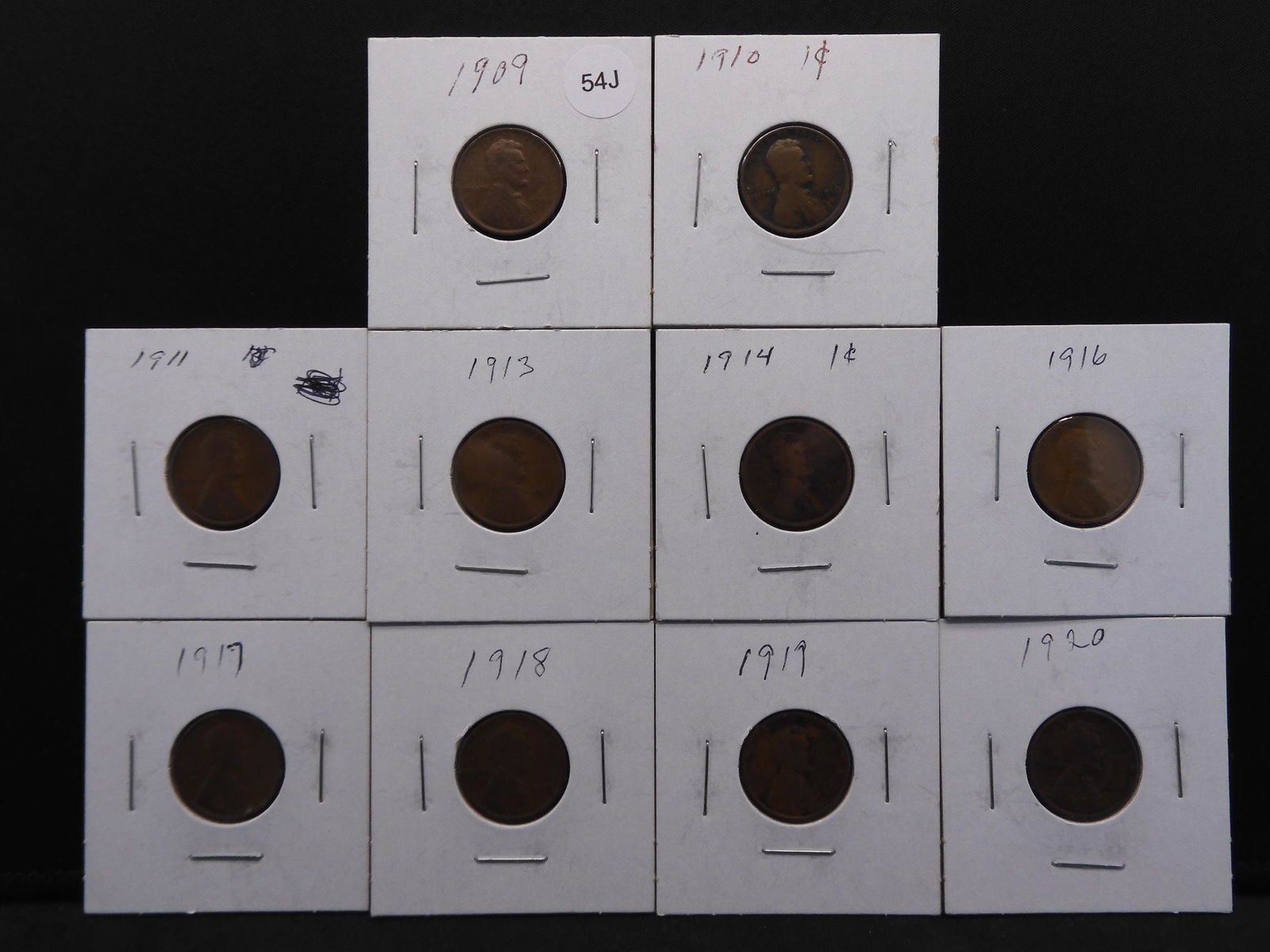 10 Lincoln Wheat Cents - All Carded in 2x2's 1909 to (1 of 11)