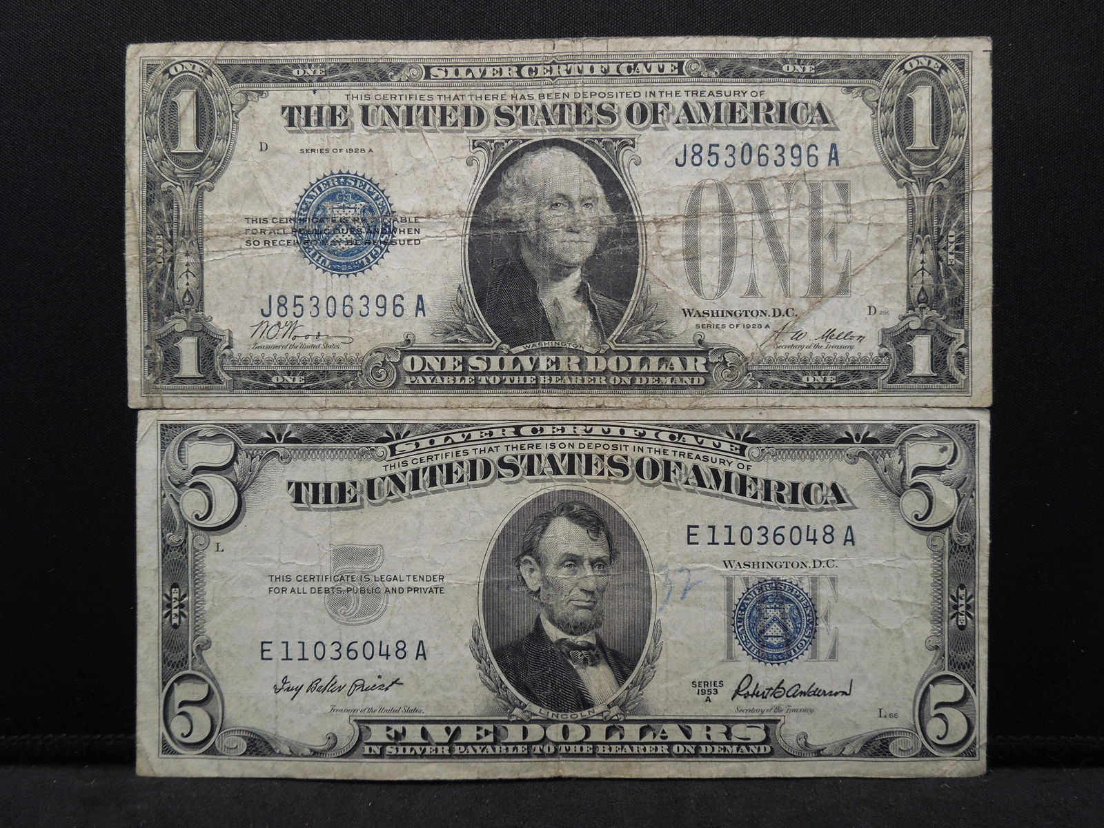 1928 A Funny back $1 and 1953 $5 Silver certificates (1 of 7)