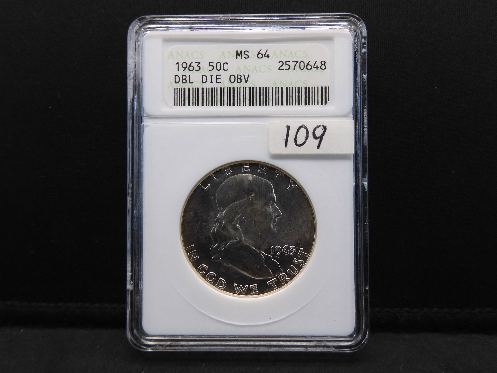 1963 Double Die Obverse ANACS MS64 Franklin Half Dollar (1 of 4)