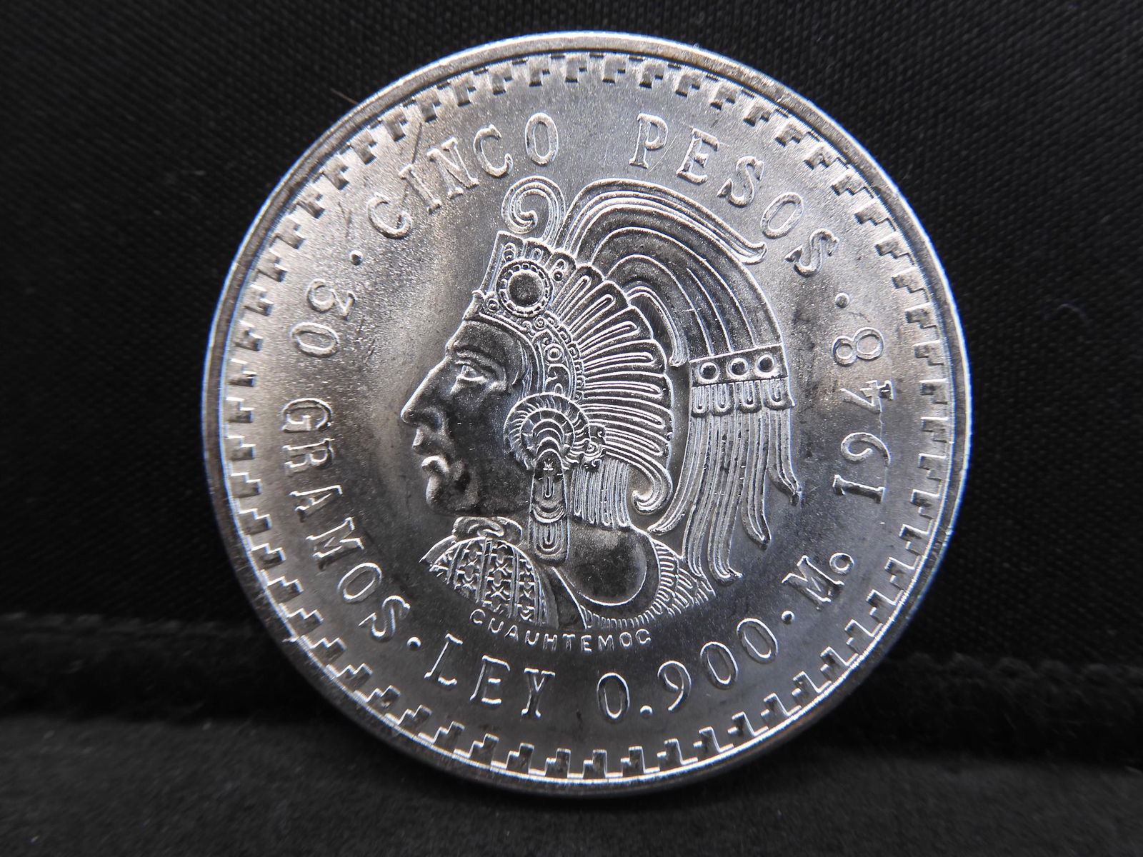 1948 Mexico Cinco Peso Chief CuauhtÃ©moc Bright White (1 of 2)