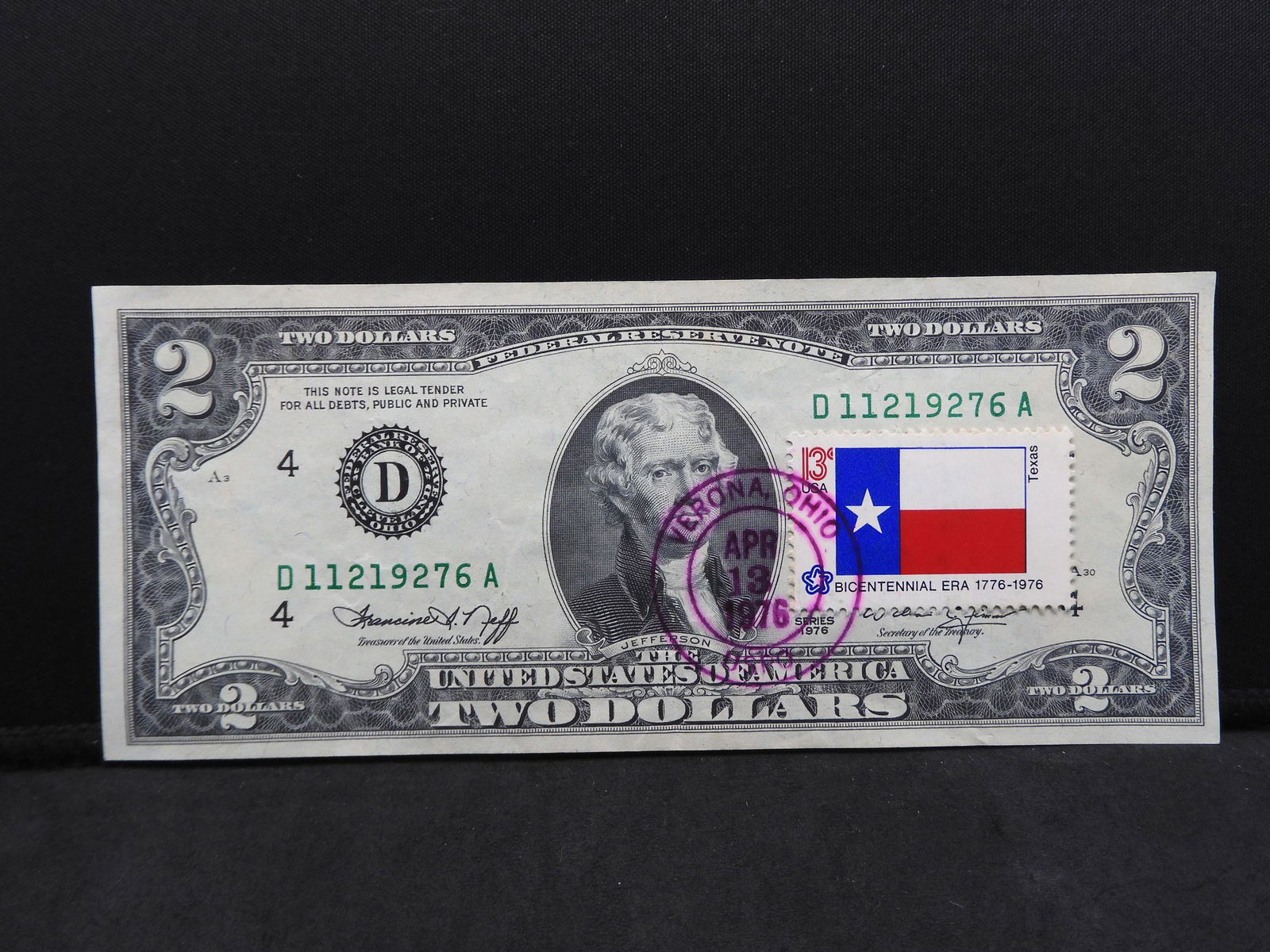 Verona, OH Stamped First Day of Issue 1976 $2.00 Bill (1 of 3)