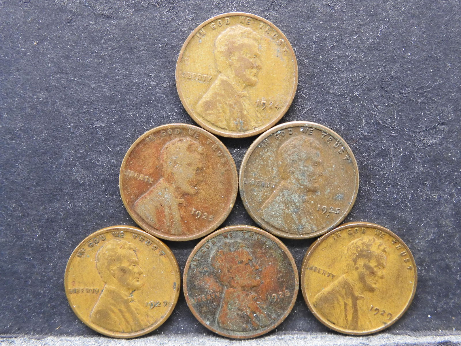 Six Lincoln Wheat Cents 1924, 1925 P &S, 27, 28, 29 (1 of 2)