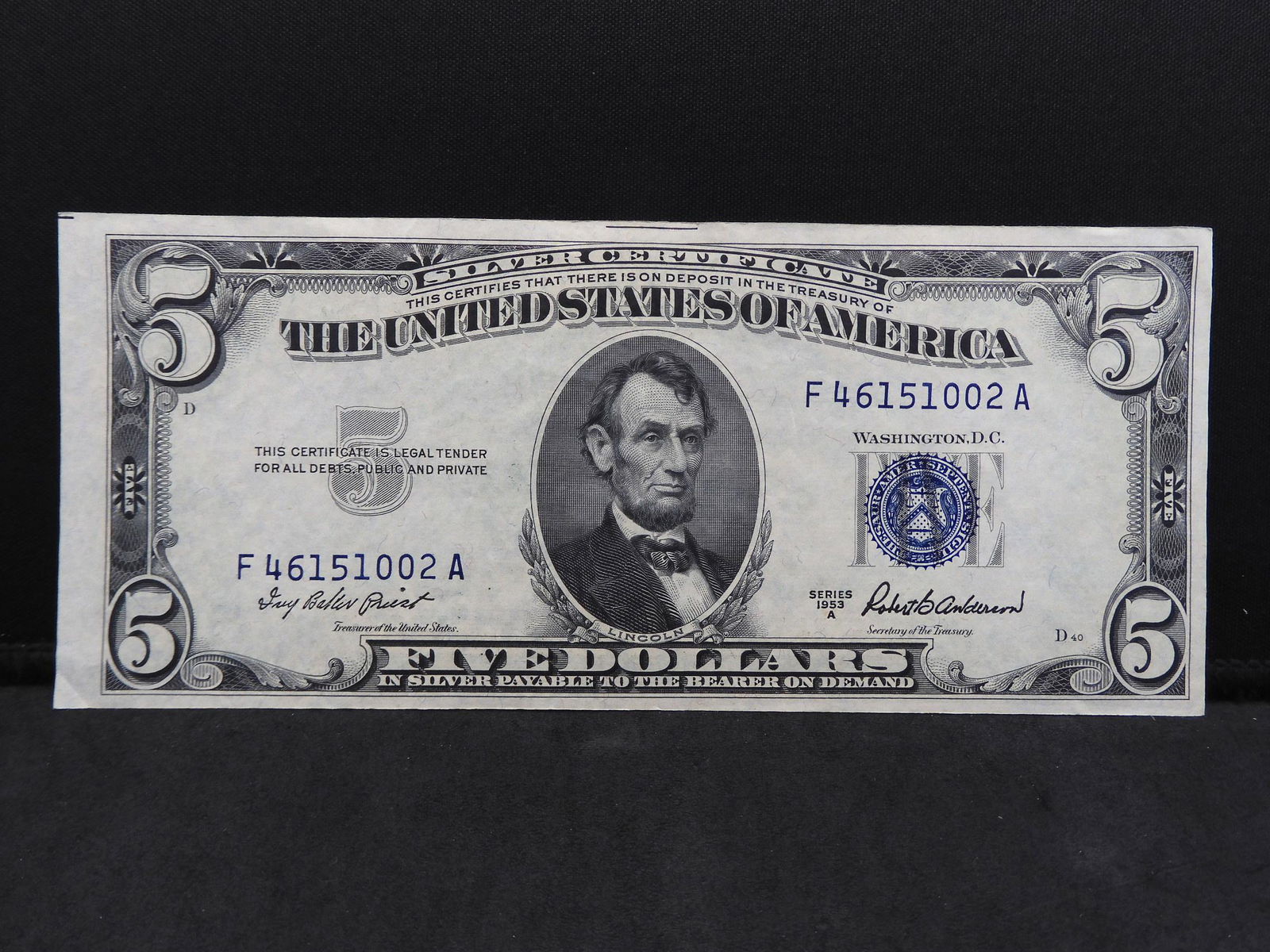 1953 A Blue seal $5 Silver Certificate.  Choice crisp (1 of 3)