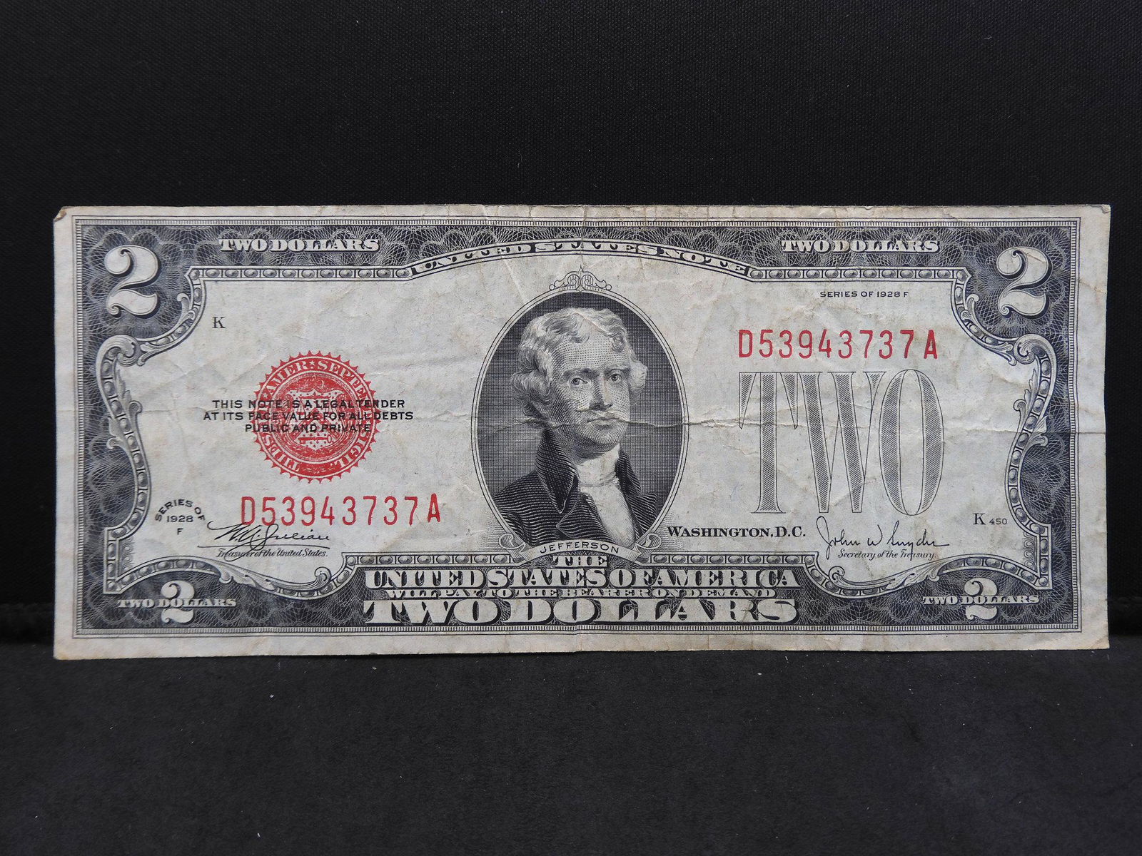1928 F $2 Red Seal US Note.  VF. (1 of 3)