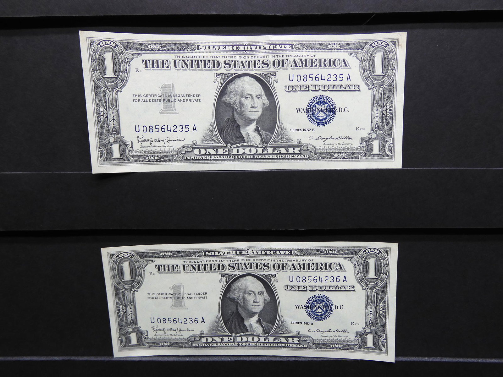 Two Brilliant Uncirculated 1957-B Blue Seal Silver: Two Brilliant Uncirculated 1957-B Blue Seal Silver Certificated. Consecutive Serial Numbers.