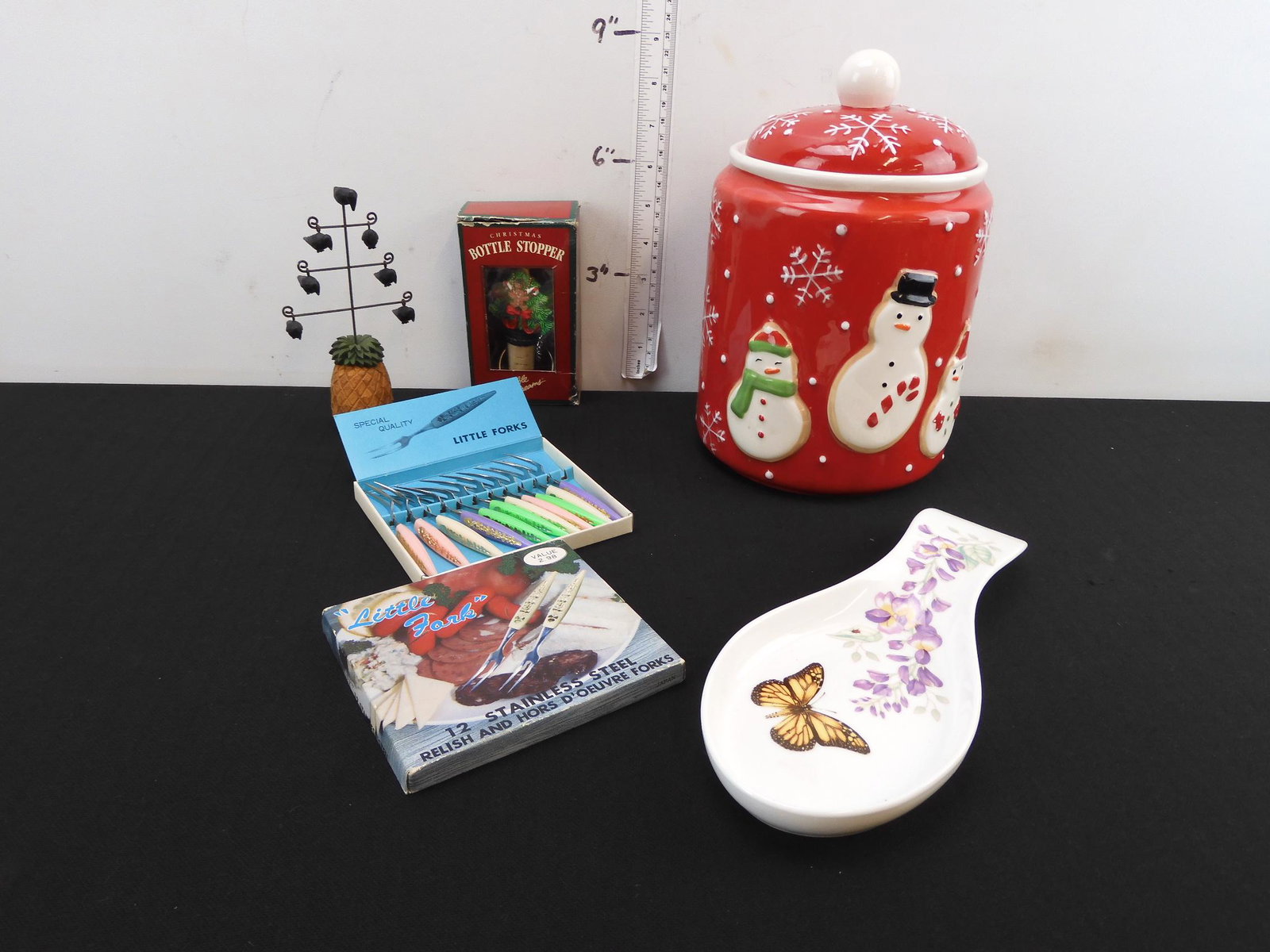 Lenox Spoon rest, 12 little Forks, Bottle Stopper,: Lenox Spoon rest, 12 little Forks, Bottle Stopper, Christmas Cookie Jar chipped, and misc. Items - "PICK UP ONLY" We will not ship!