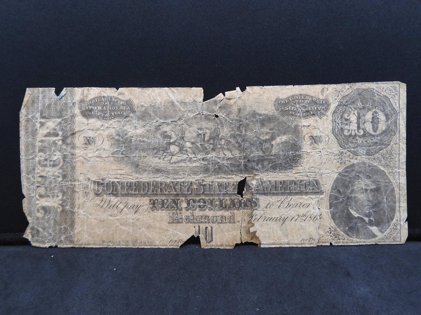 1864 $10 Confederate States of America Currency.: 1864 $10 Confederate States of America Currency. Horses Pulling Cannon Vignette.