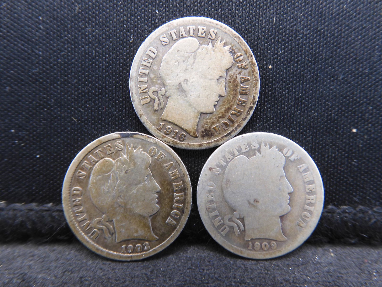 (3) x Different Date Barber Silver Dime 1903, 1909-O, (1 of 2)