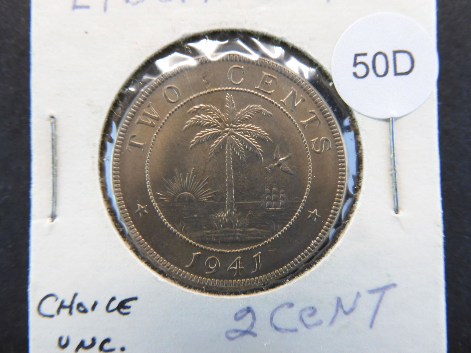 1941 Liberia 2 Cent.  Choice UNC. (1 of 3)