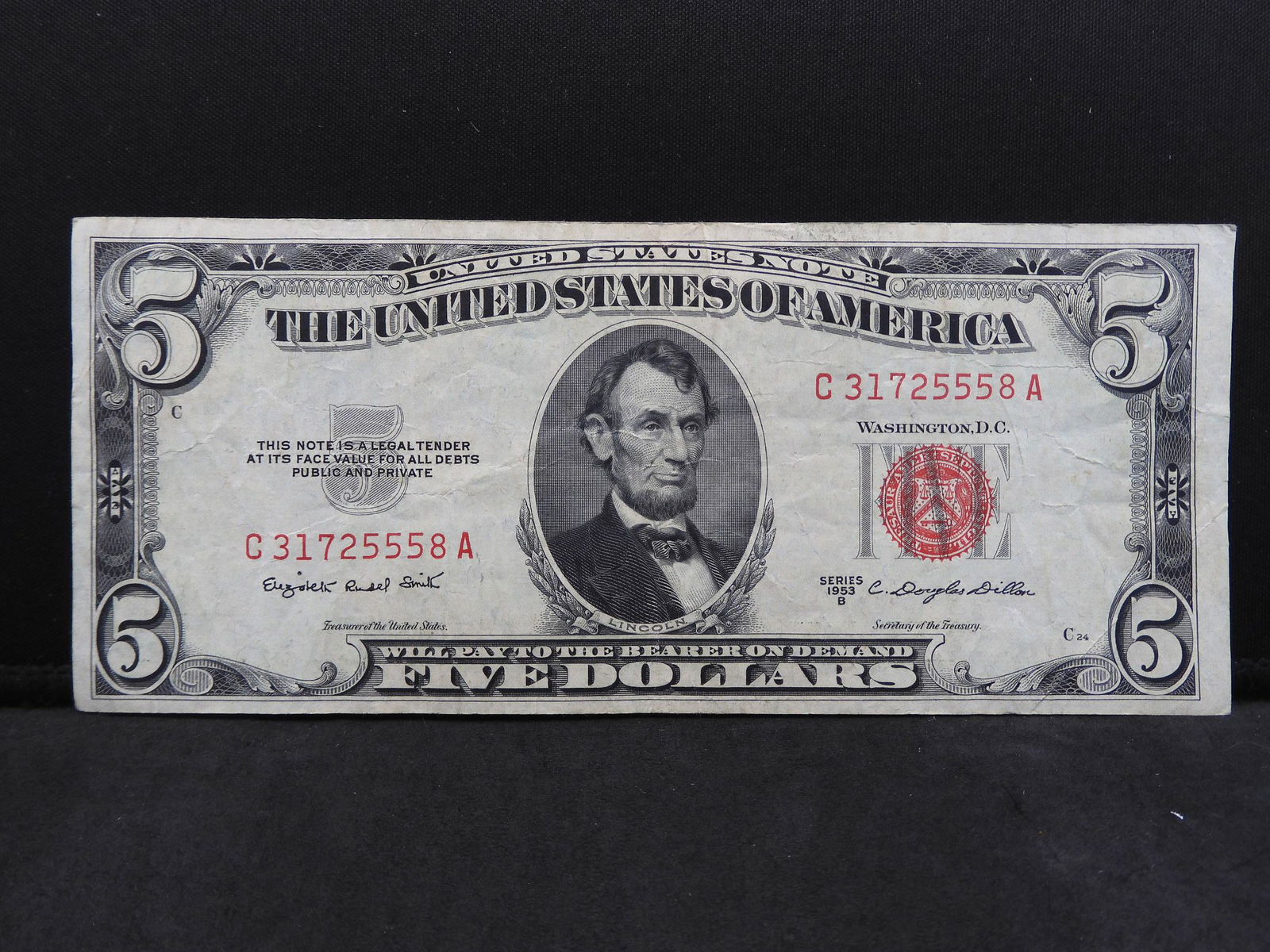 Series 1953 B U.S. $5.00 Red Seal Note - Nice! (1 of 3)