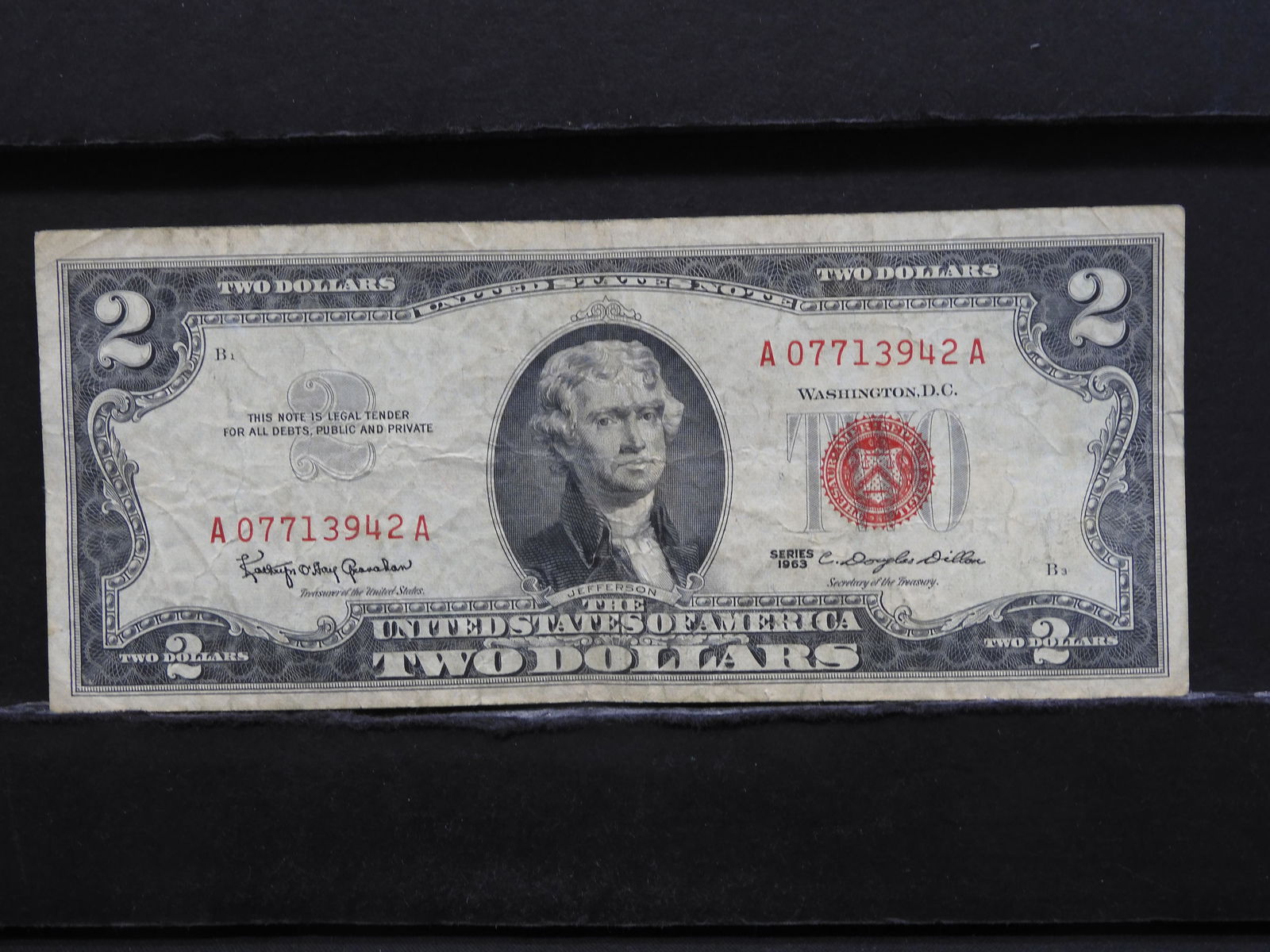 1963 $2 DOLLAR NOTE, (RED SEAL/CRISP), 57 YRS OLD! (1 of 3)