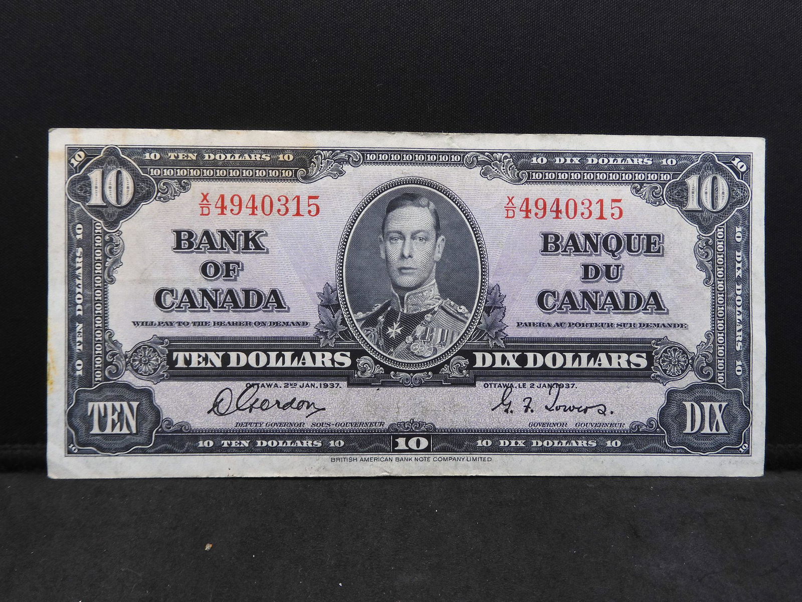 Very Fine 1937 Canadian Gordon/Towers $10 Bank Note (1 of 3)