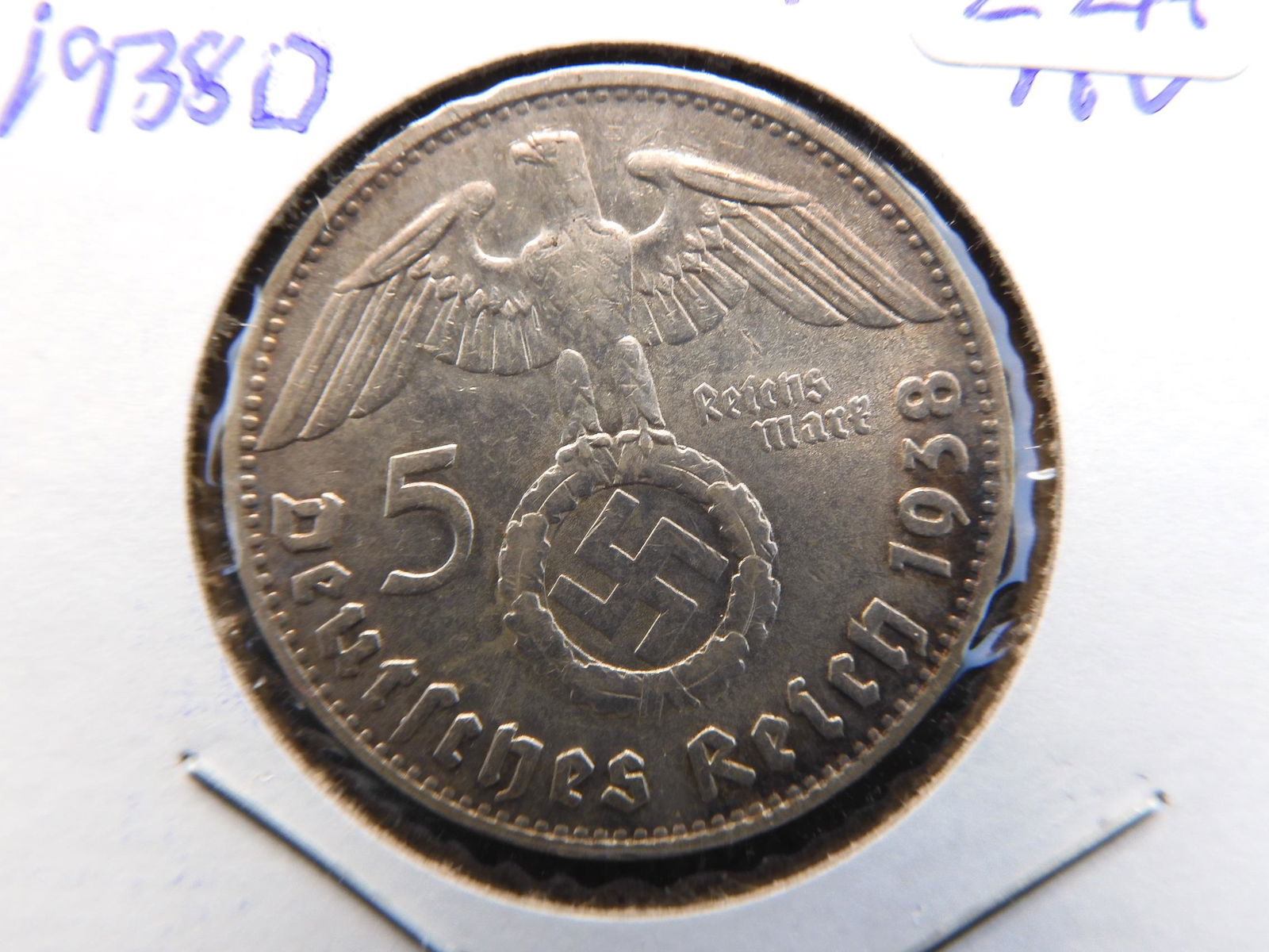 1938D Germany Silver 5 Mark.  Has historical symbol. (1 of 3)
