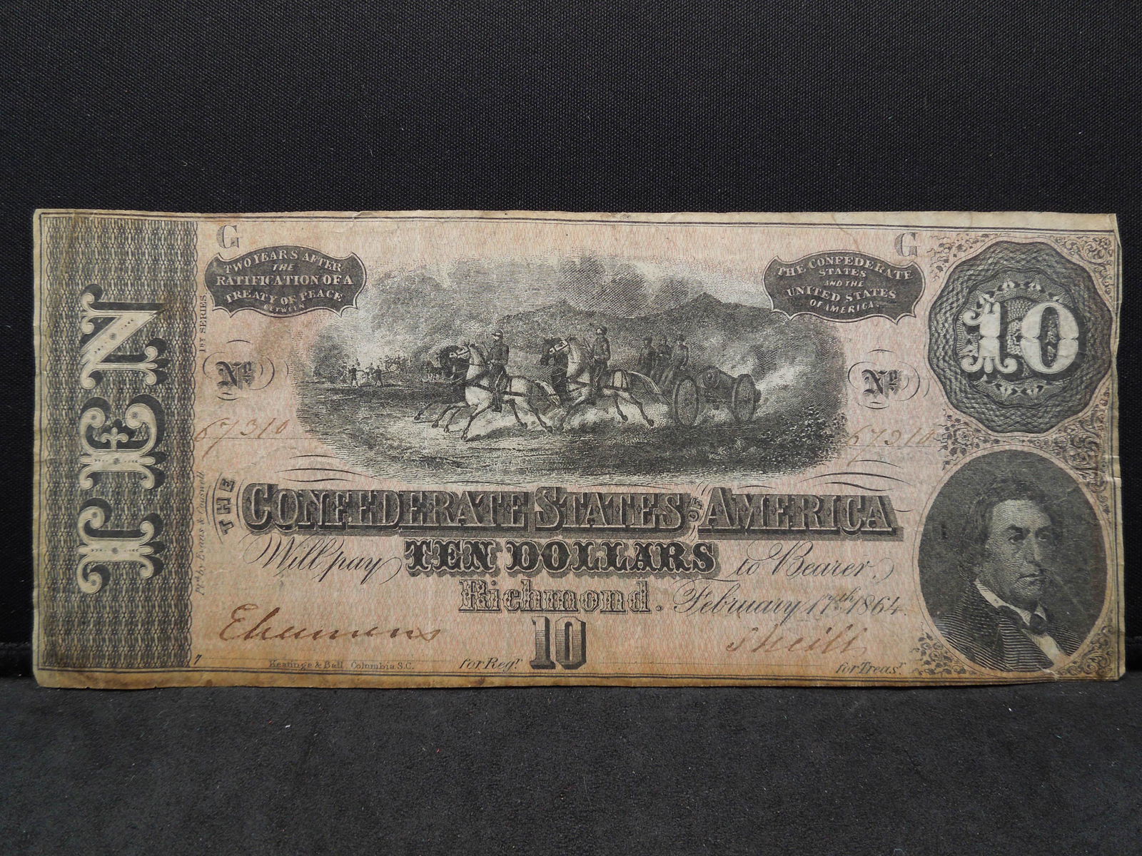 1864 Confederate States $10. Very Fine. Cannons! (1 of 2)
