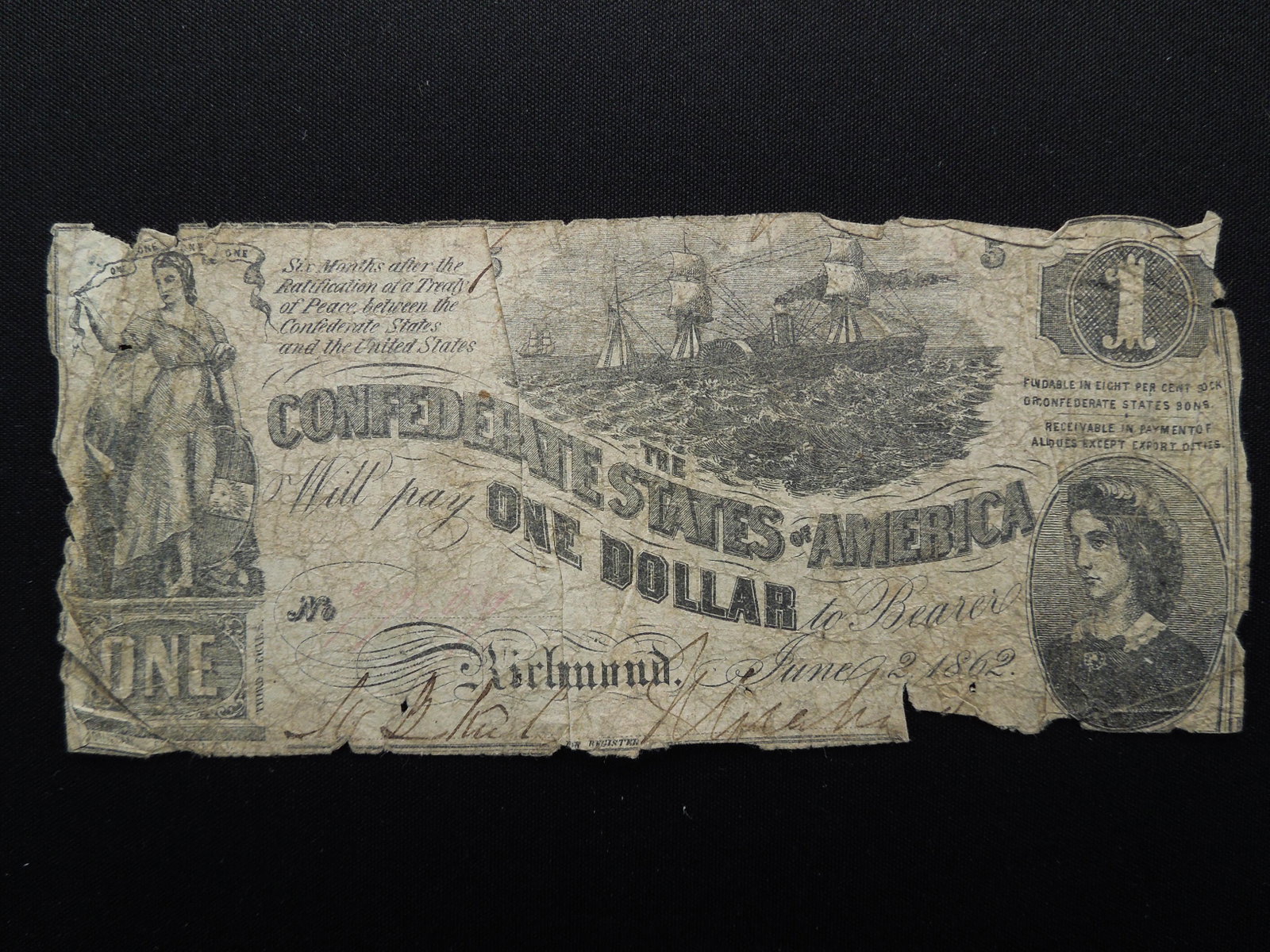1862 Virginia Confederate One Dollar. RARE ONE!: 1862 Virginia Confederate One Dollar. RARE ONE!