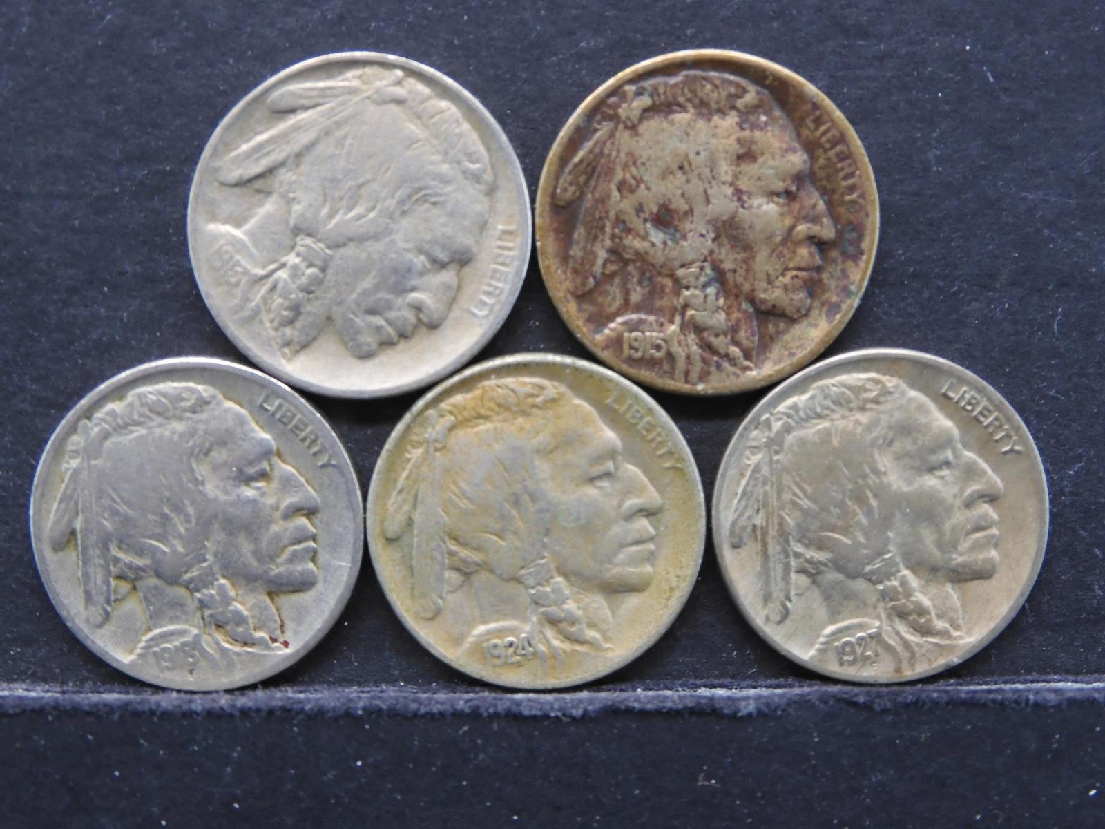 5 Full Date Buffalo 5c.  1913 T-1, 1915, 1918, 1924, & (1 of 2)