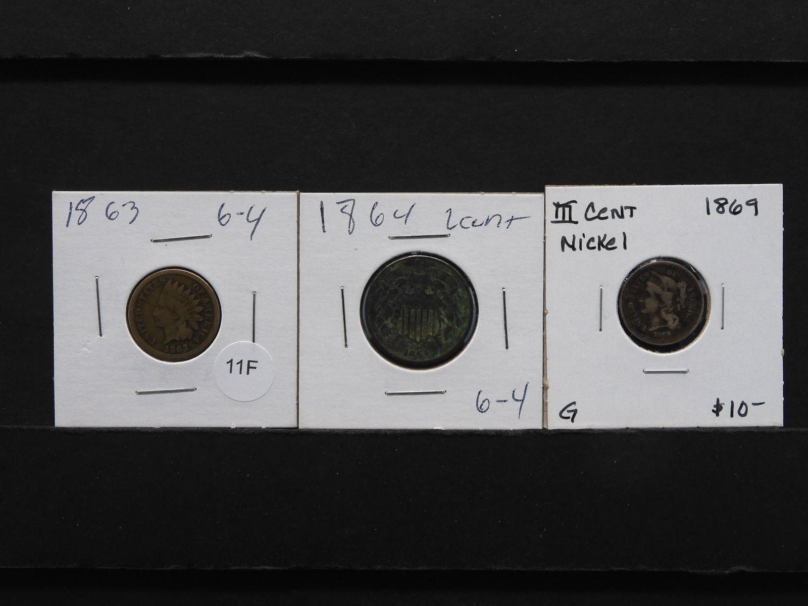 3 Type Coins - 1863 C/N Indian 1c, 1864 2c, & 1869 3c (1 of 7)
