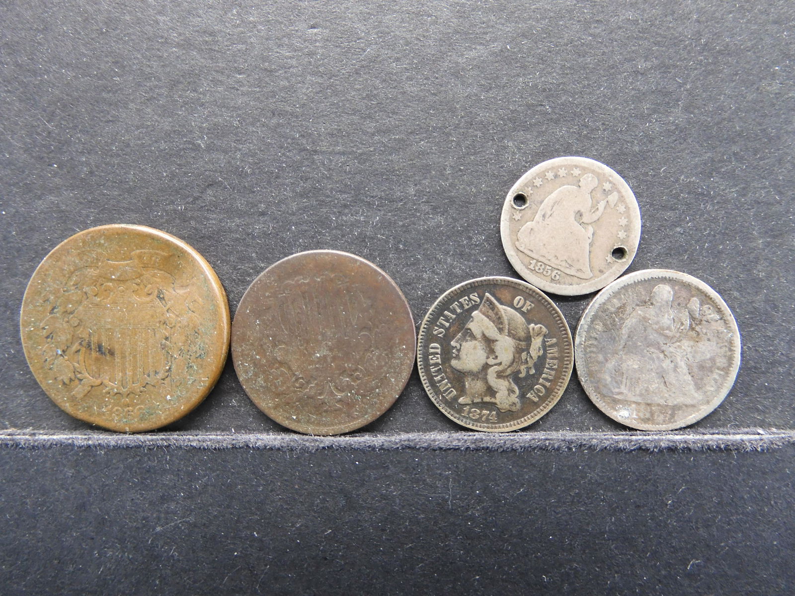 5 Cull Type Coins.  1866 2c, 1874 3c Nickel, ND Shield (1 of 2)