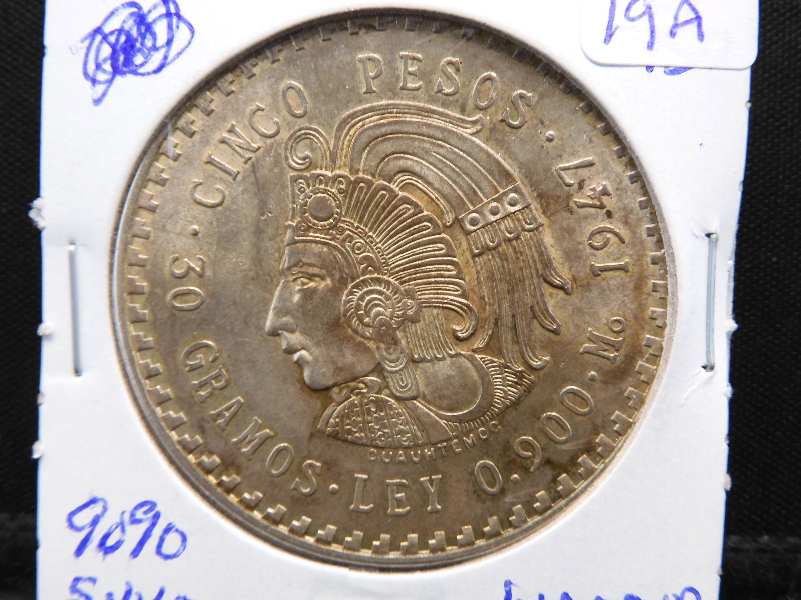 1947 Mexico 5 Pesos. Silver dollar sized Coin with: 1947 Mexico 5 Pesos. Silver dollar sized Coin with Mayan Warrior. 90% BU.