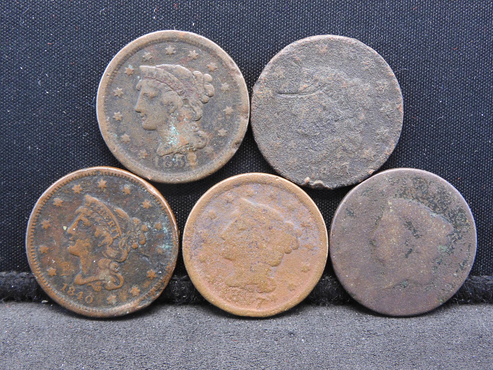 (5) Lower Grade Large Cents:  1840, 1847, 1852, 1827, (1 of 2)