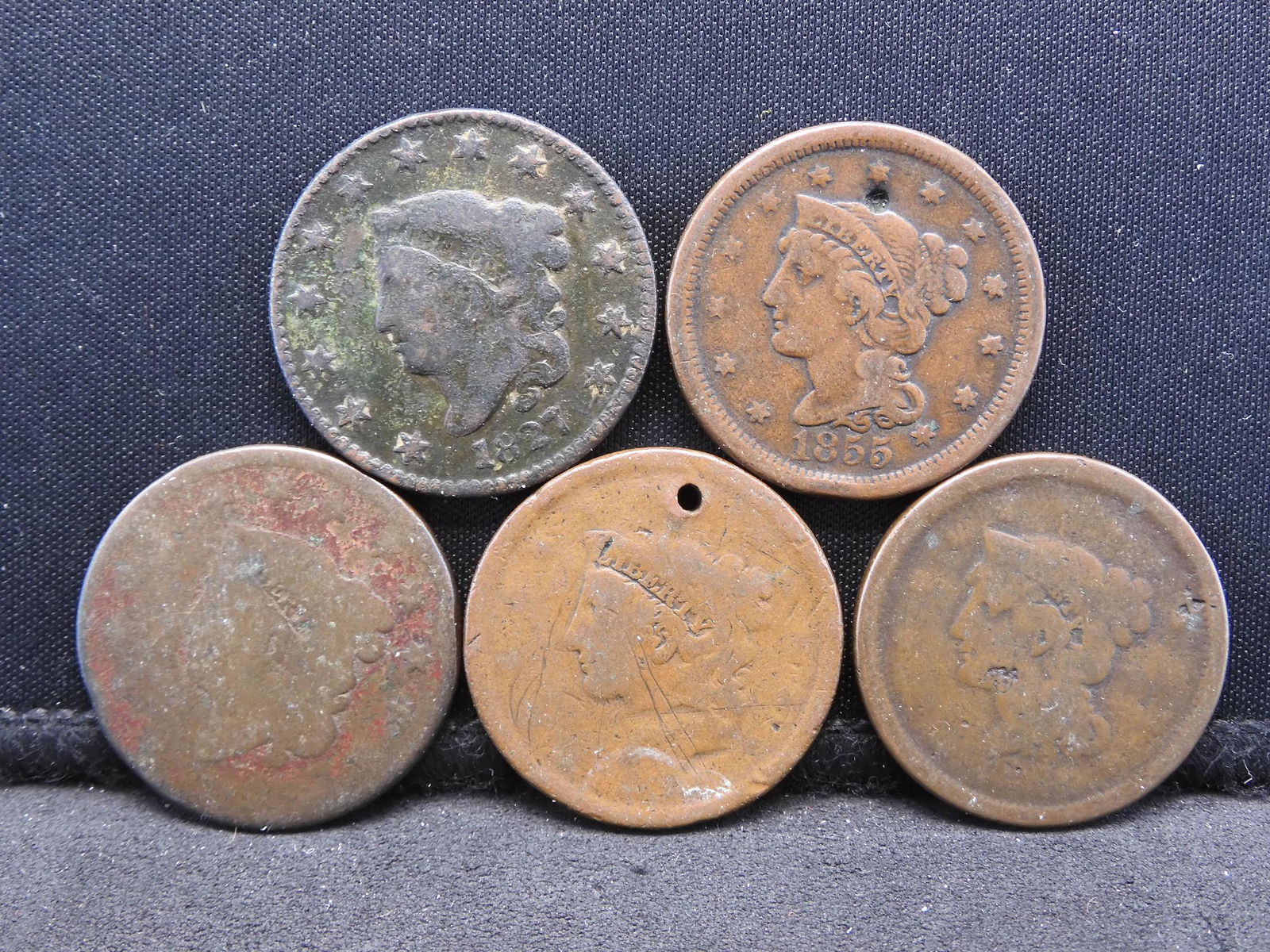 (5) Lower Grade Large Cents:  1827, 1855, Braided Head, (1 of 2)