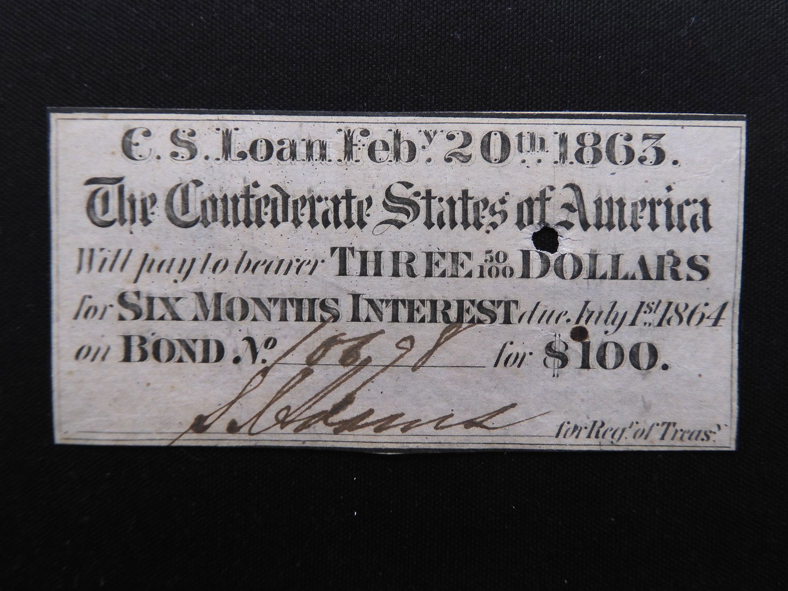 1864 Confederate Bond Coupon.  $100 Bond with $3.50 in (1 of 2)