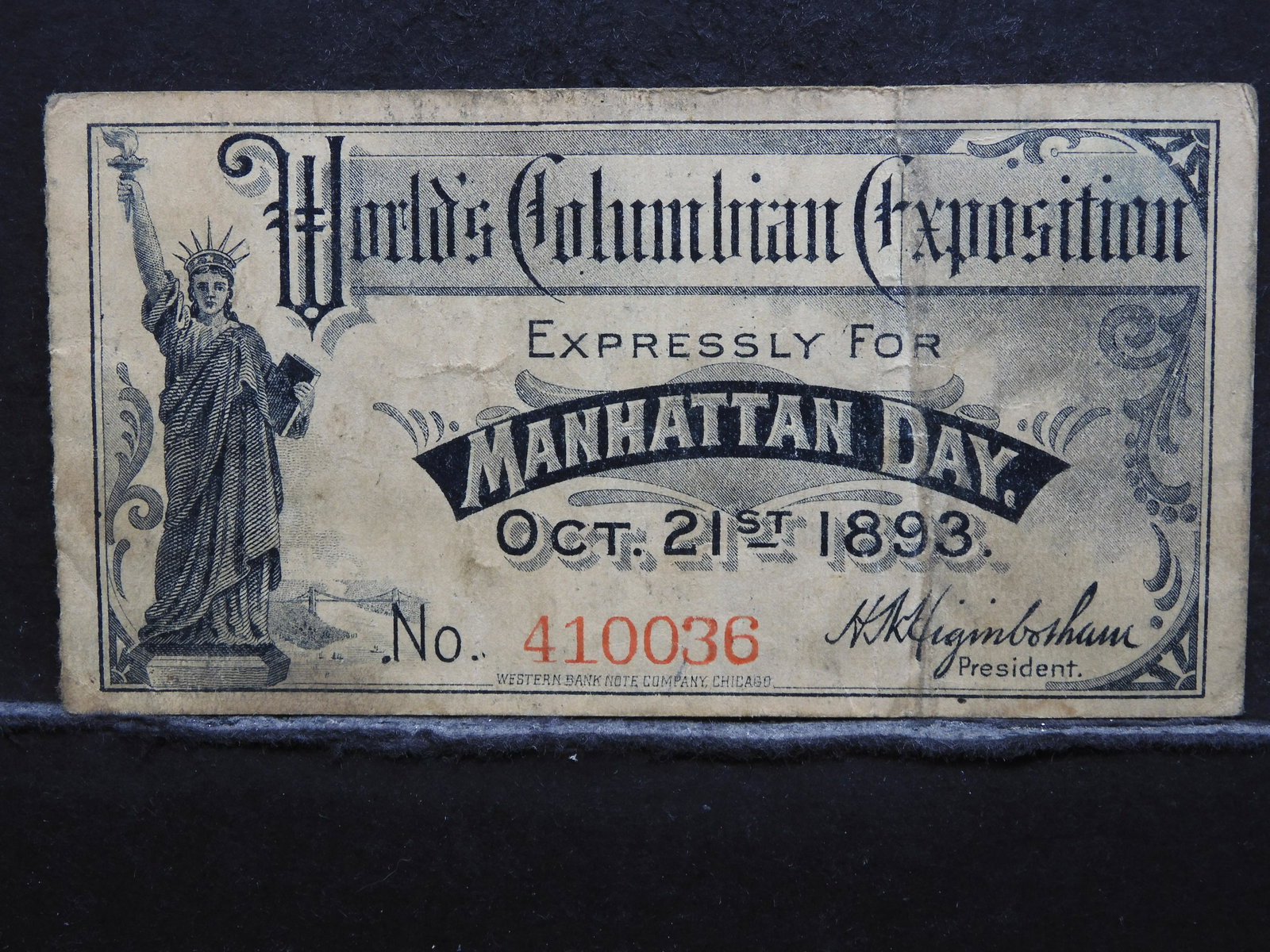 1893 World's Colombian Exposition Ticket For Manhattan: 1893 World's Colombian Exposition Ticket For Manhattan Day