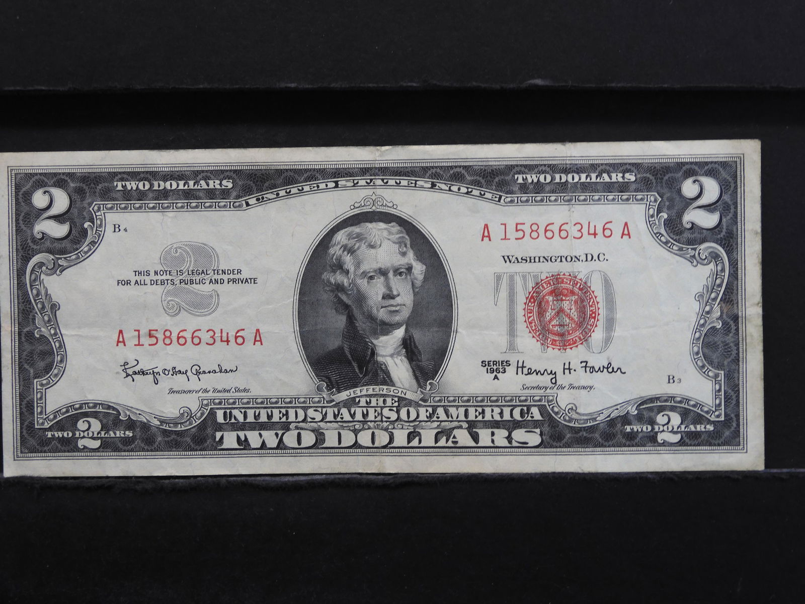 1963-A $2 DOLLAR NOTE, (RED SEAL/CRISP), 57 YRS OLD! (1 of 3)
