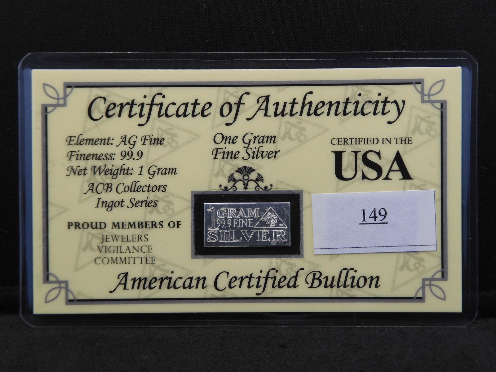 1 Gram .999 Fine Silver Bar on COA Card (1 of 3)