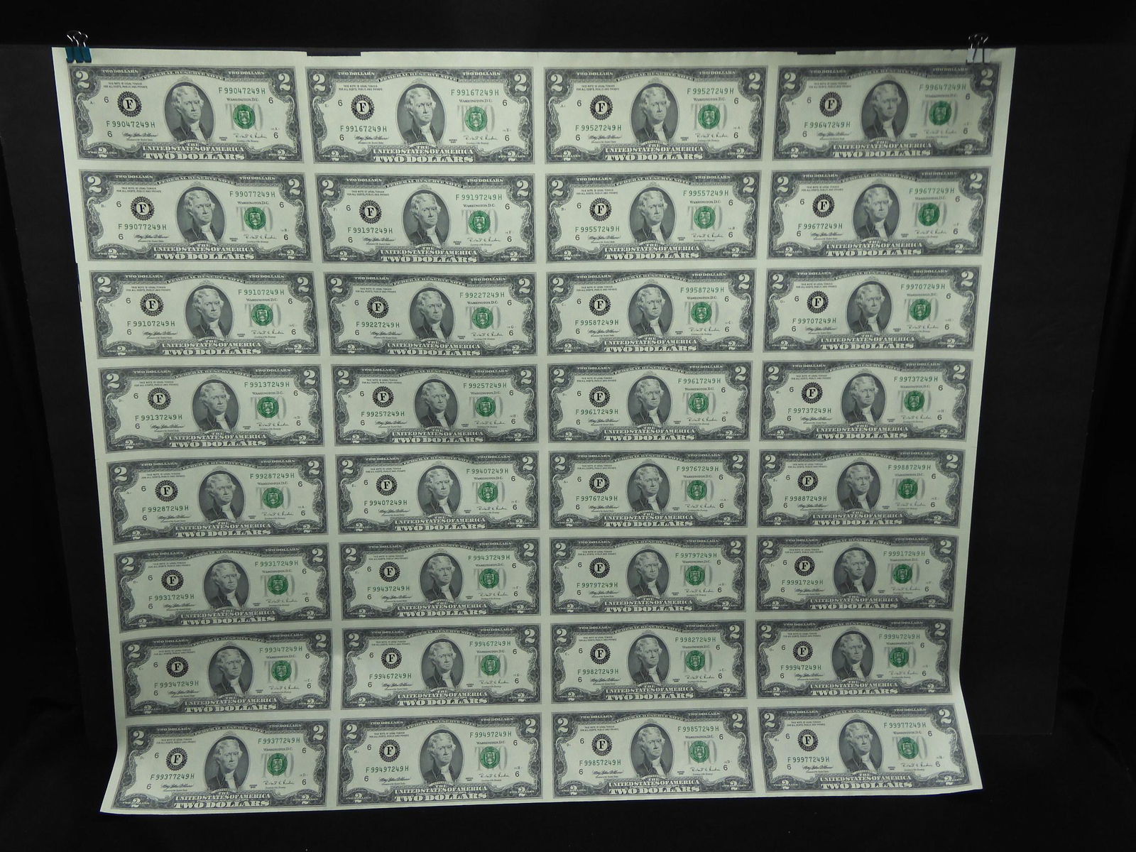 Series 1995 Uncut Sheet U.S. $2.00 Notes - Crisp (1 of 9)