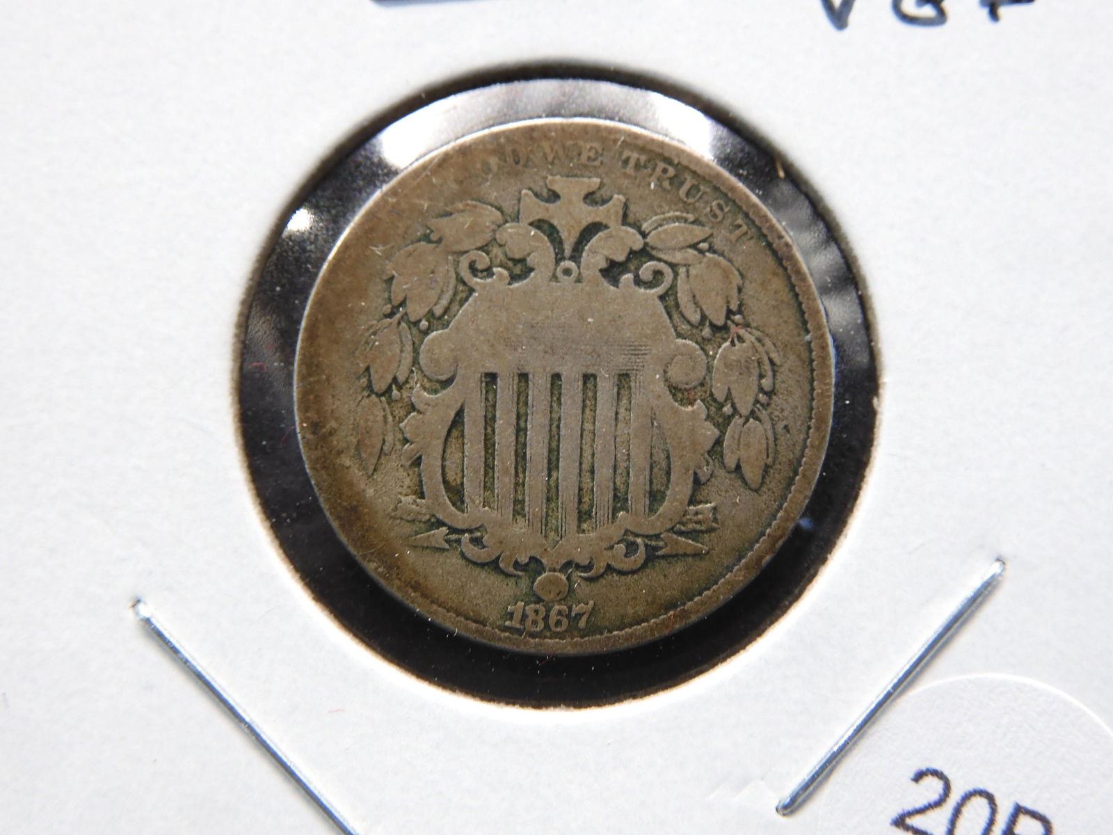 1867 Shield 5c.  VG+. (1 of 3)
