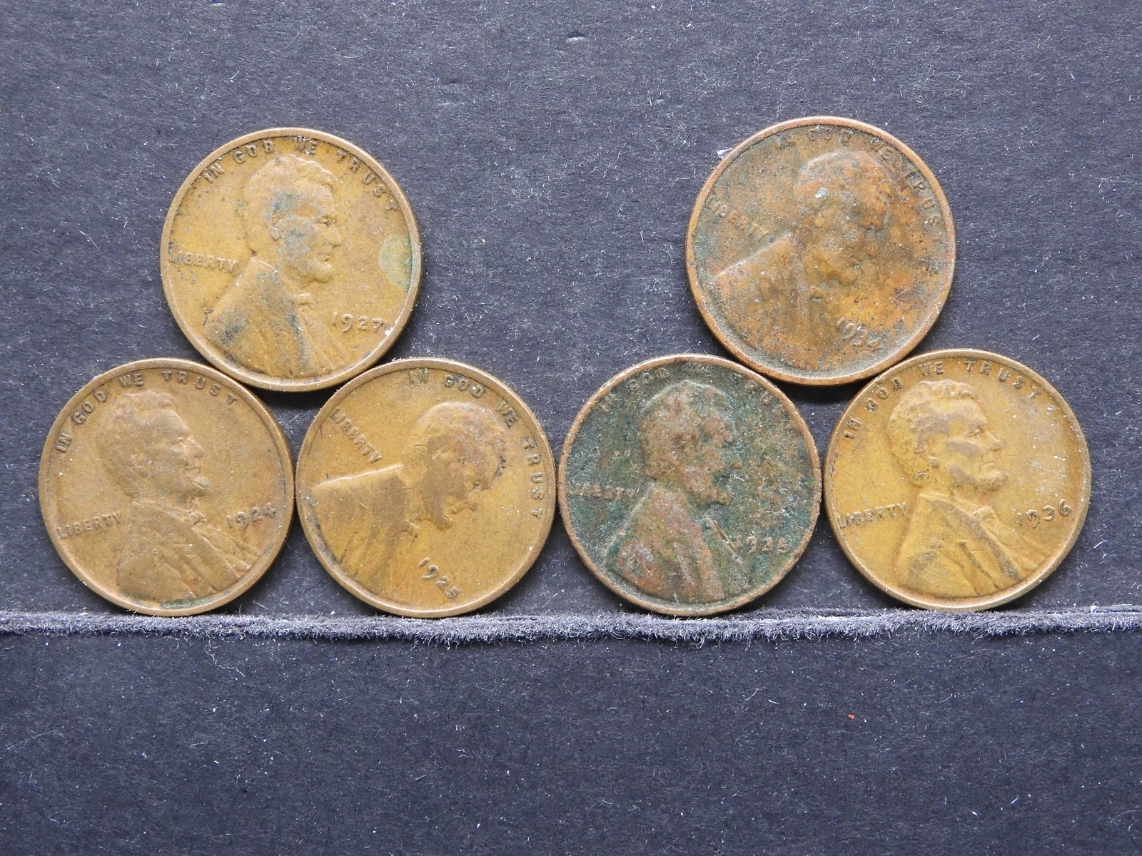 Six Lincoln Wheat Cents 1924, 25, 27, 34, 35, 36: Six Lincoln Wheat Cents 1924, 25, 27, 34, 35, 36