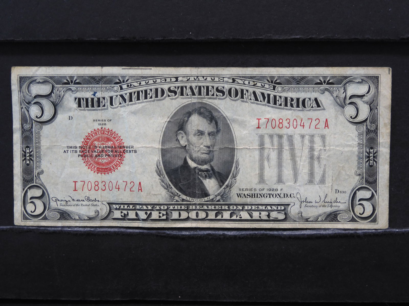 1928F Red Seal 5 Dollar Bill. No tears or writing. Nice: 1928F Red Seal 5 Dollar Bill. No tears or writing. Nice shape.