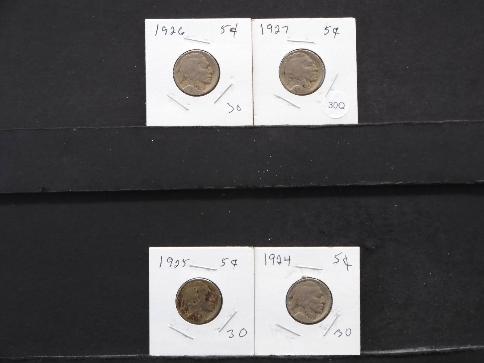 Four Buffalo Nickels 1924, 1925, 1926, 1927, (1 of 9)