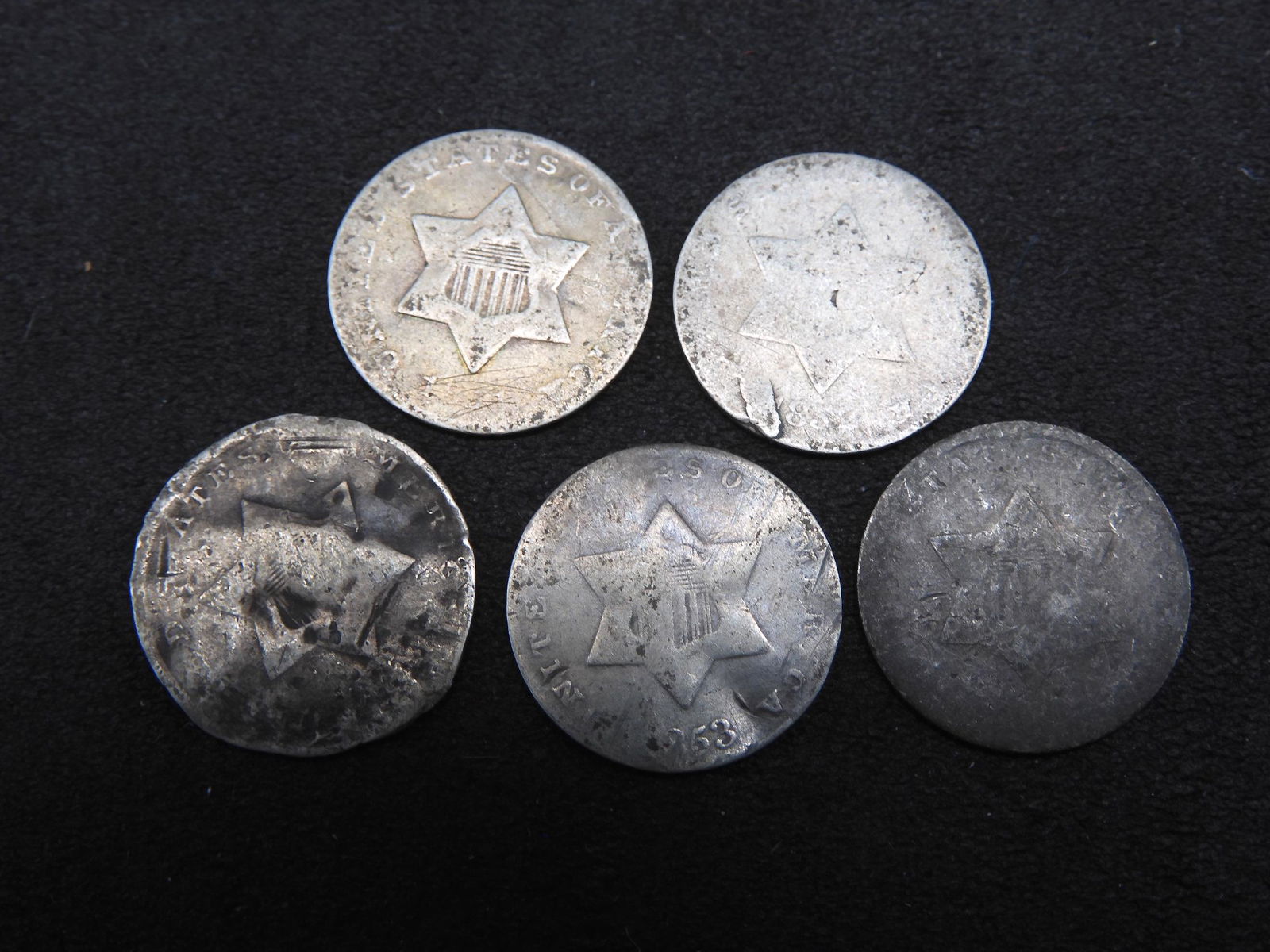Lot of 5 Coins - Three  Cent Silver Trime - Low Grade, (1 of 2)