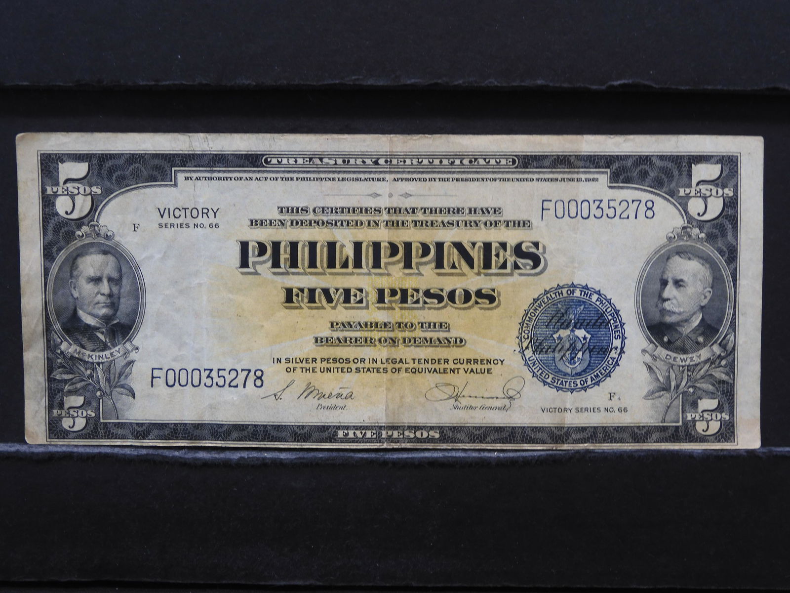 1944 Philippines 5 Pesos "Victory" Note.  Fine+.  Rare. (1 of 3)