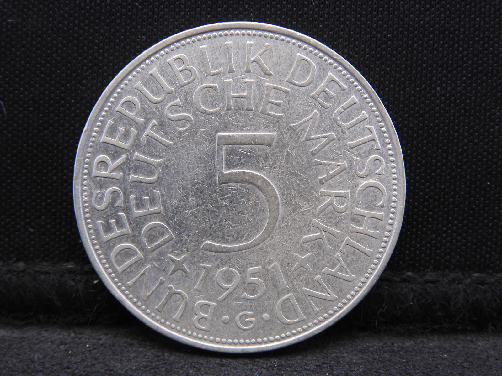 1951-G Germany 5 Deutsche Mark 62.5% Silver Coin.  Coin (1 of 3)