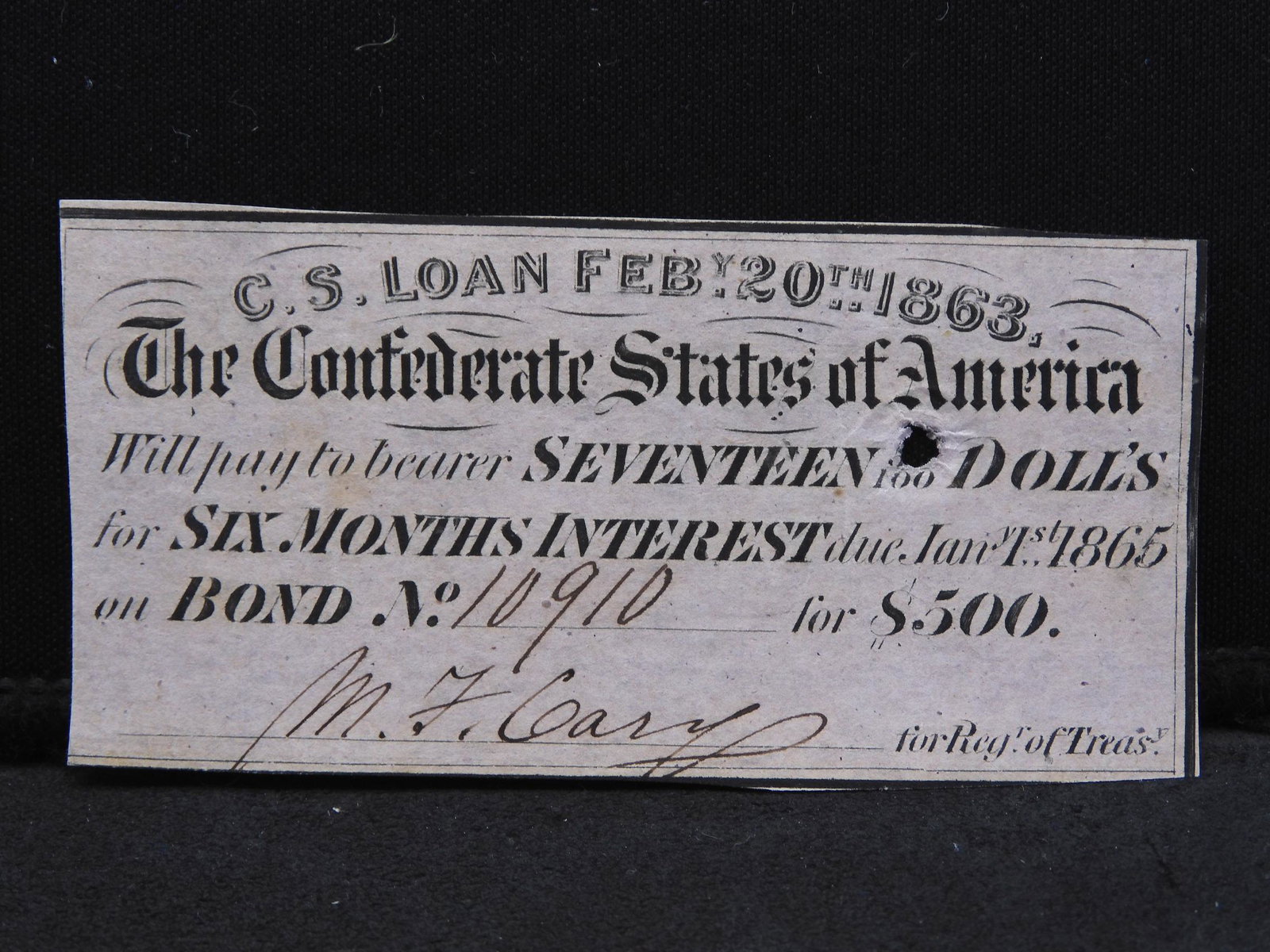 Confederate States $500 Bond Coupon. Interest payable: Confederate States $500 Bond Coupon. Interest payable in 1865. Super condition.