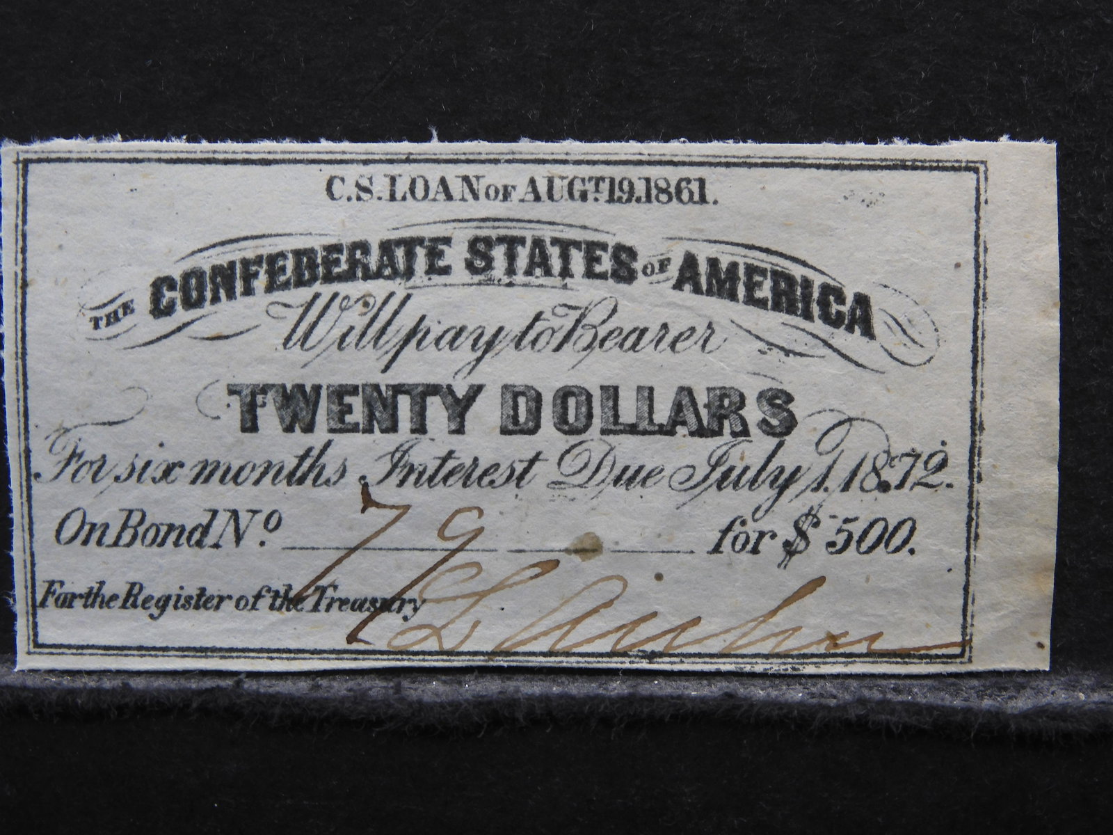 Confederate States Of America $20 Bond Coupon: Confederate States Of America $20 Bond Coupon
