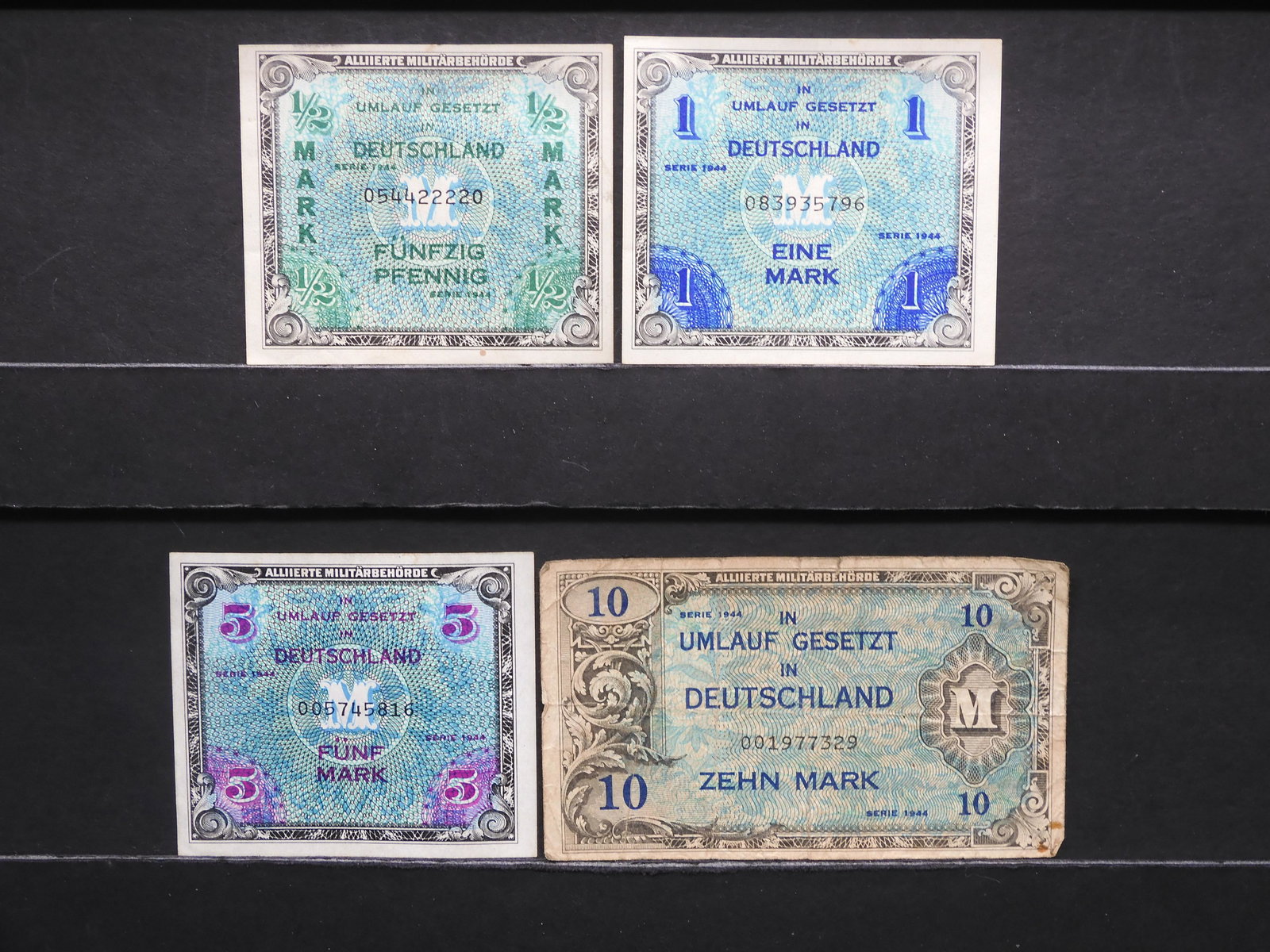 1944 Germany Military Currency.  1/2, 1, 5, + 10 Mark. (1 of 6)